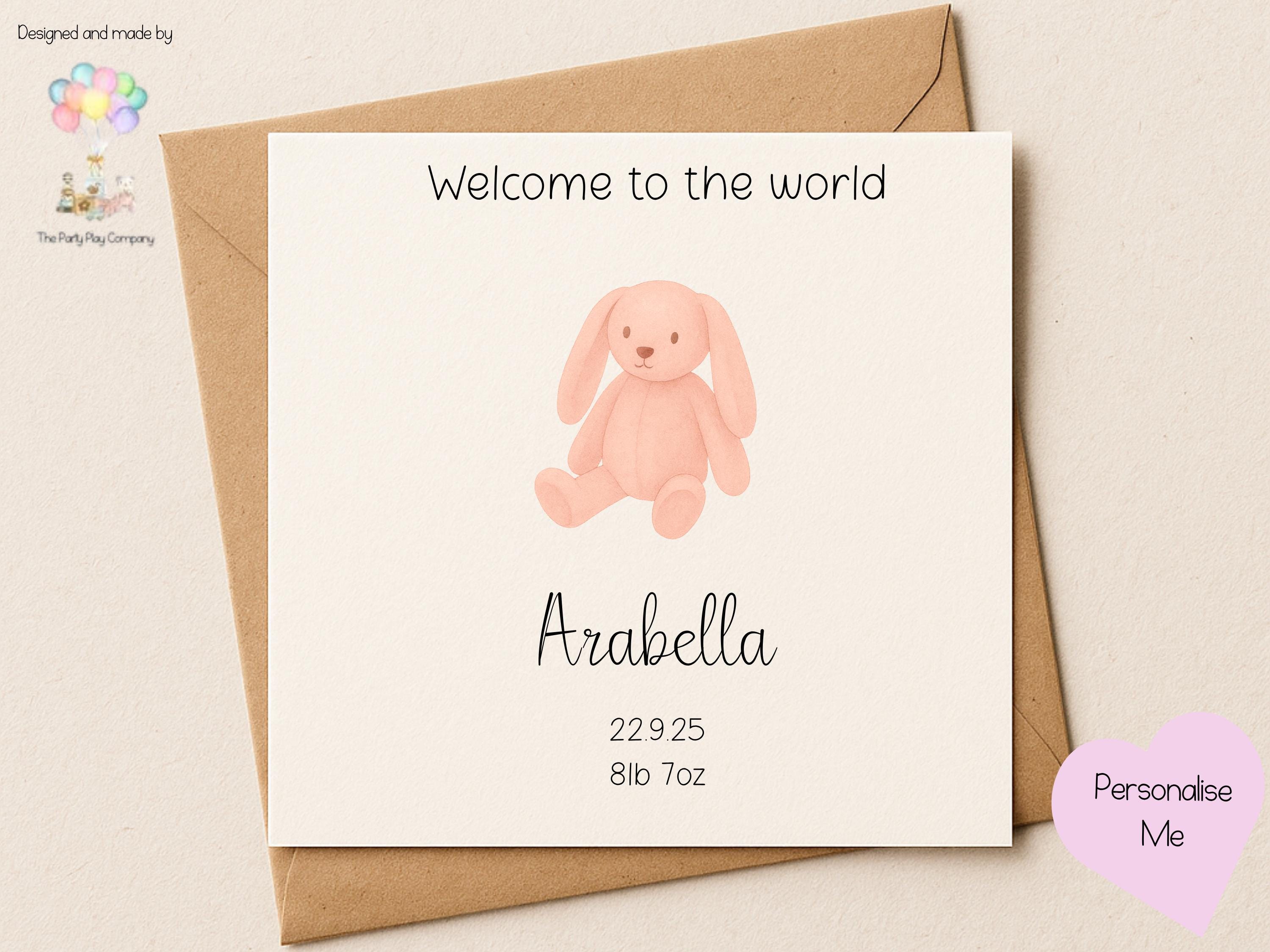 Personalized Pink Bunny New Baby Card: Custom Birth Stats, Handmade