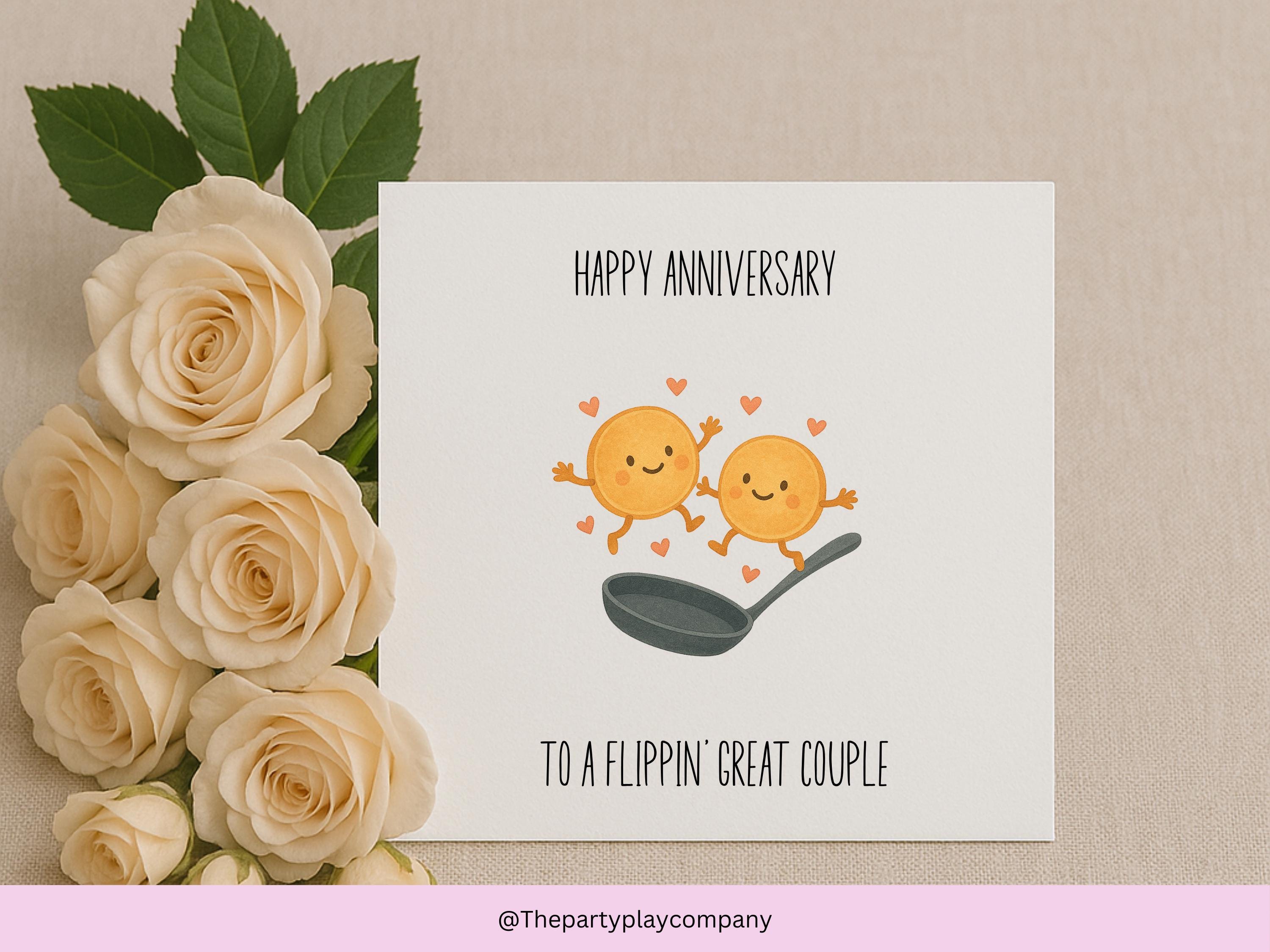 Cute Pancake Anniversary Card – To a Flippin’ Great Couple, Funny Food Pun Love Card, Kawaii Anniversary Card for Husband Wife