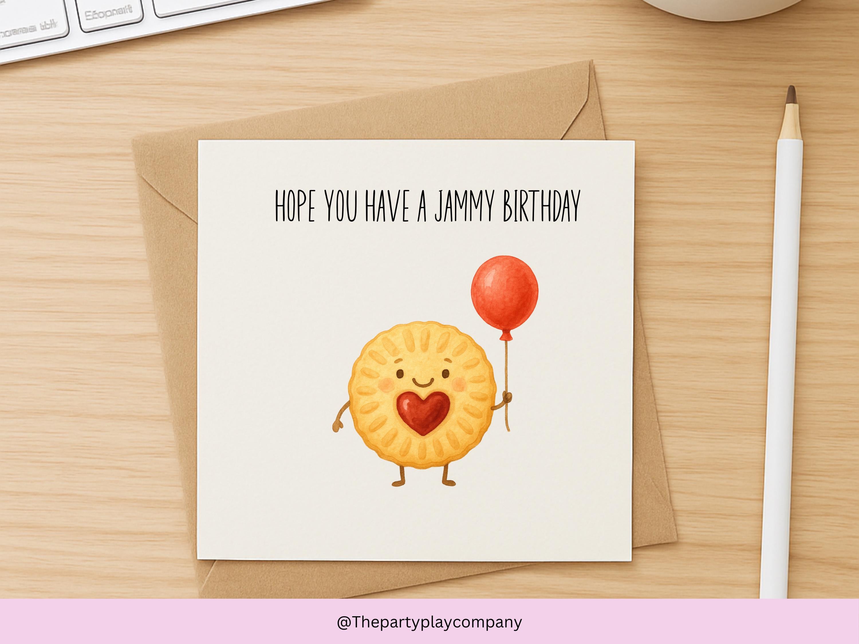 Jammy Birthday Card – Funny Pun Greeting – Cute Biscuit Birthday Card – Jammy Dodger Food Pun Card with Envelope 6x6