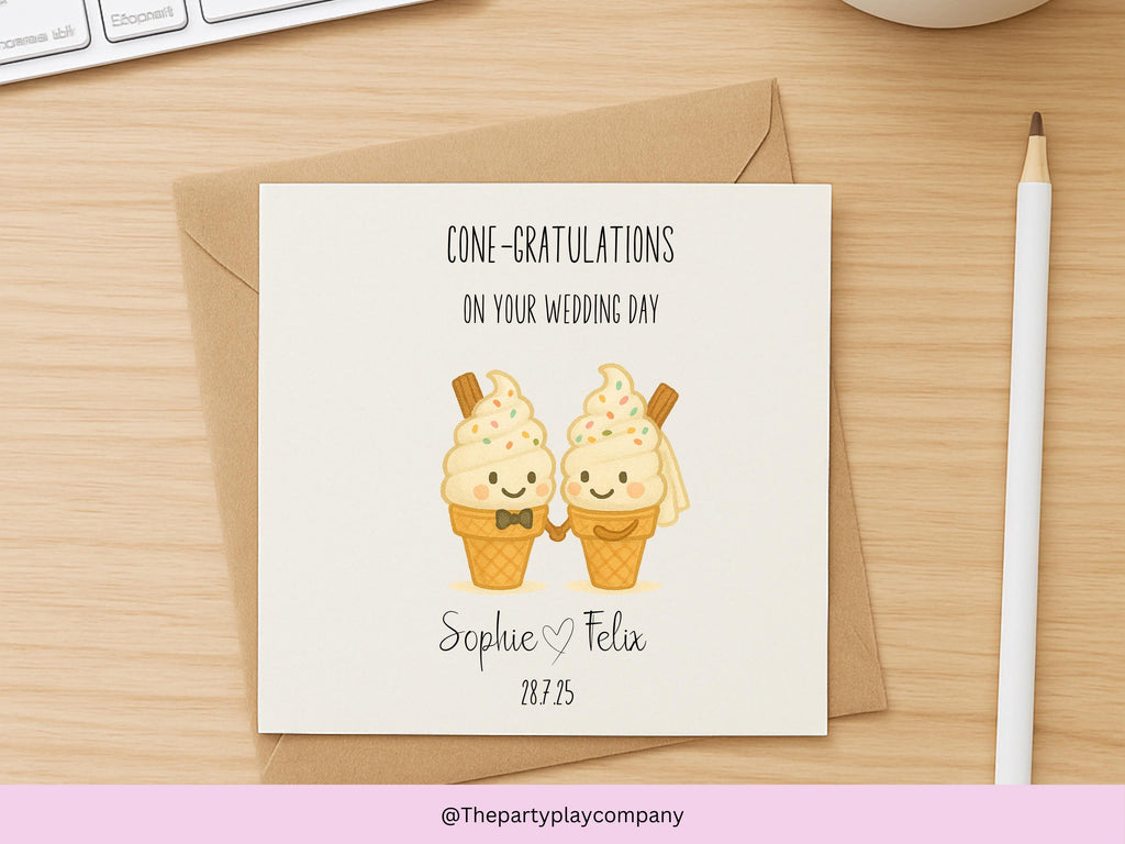 Funny Wedding Card | Ice Cream Pun Congratulations Card | Cone-gratulations Newlyweds Card | Personalised Option | 4 for 10 Pound Offer