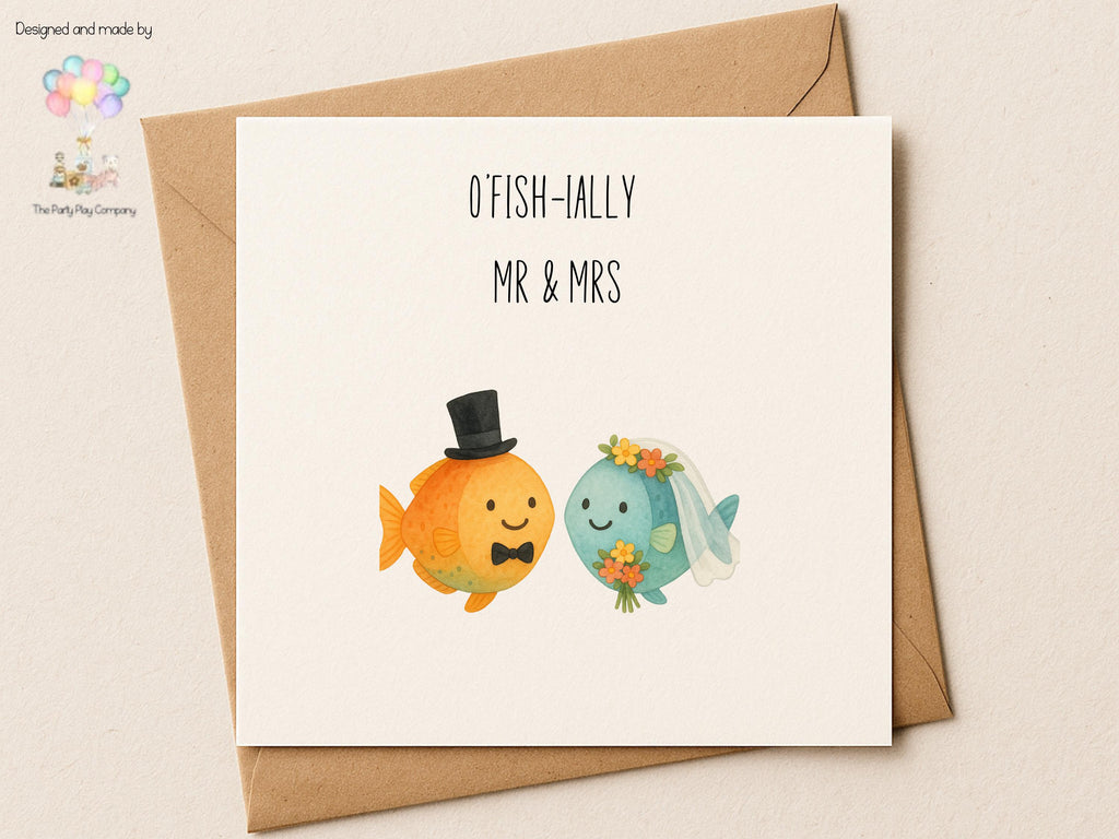 Funny Fish Wedding Card: "O'Fish-ally Mr & Mrs" Watercolor Illustration