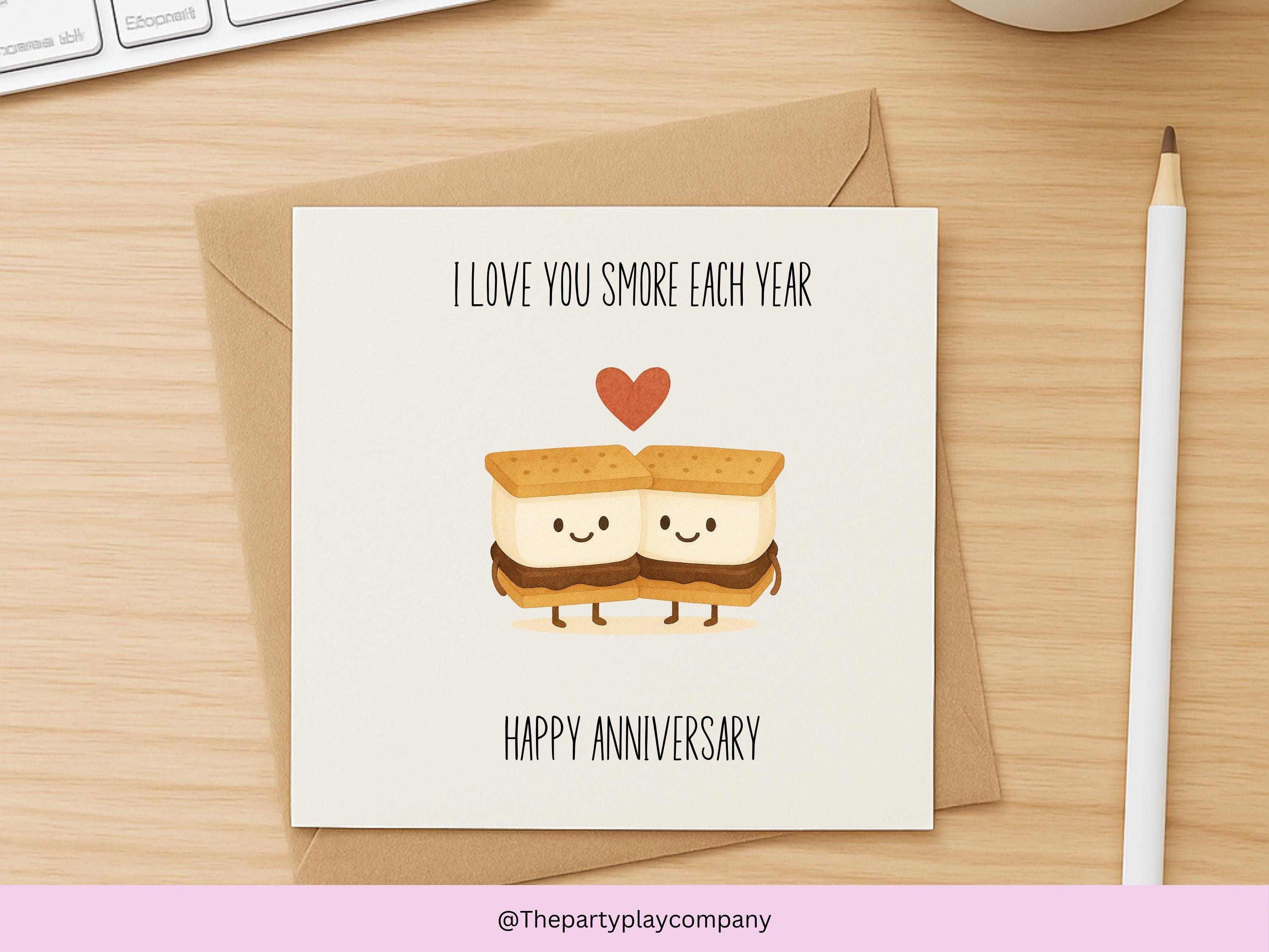 Funny Anniversary Card – I Love You S’more Each Year, Cute Pun Food Illustration, Couples Love Card for Partner, Husband, Wife