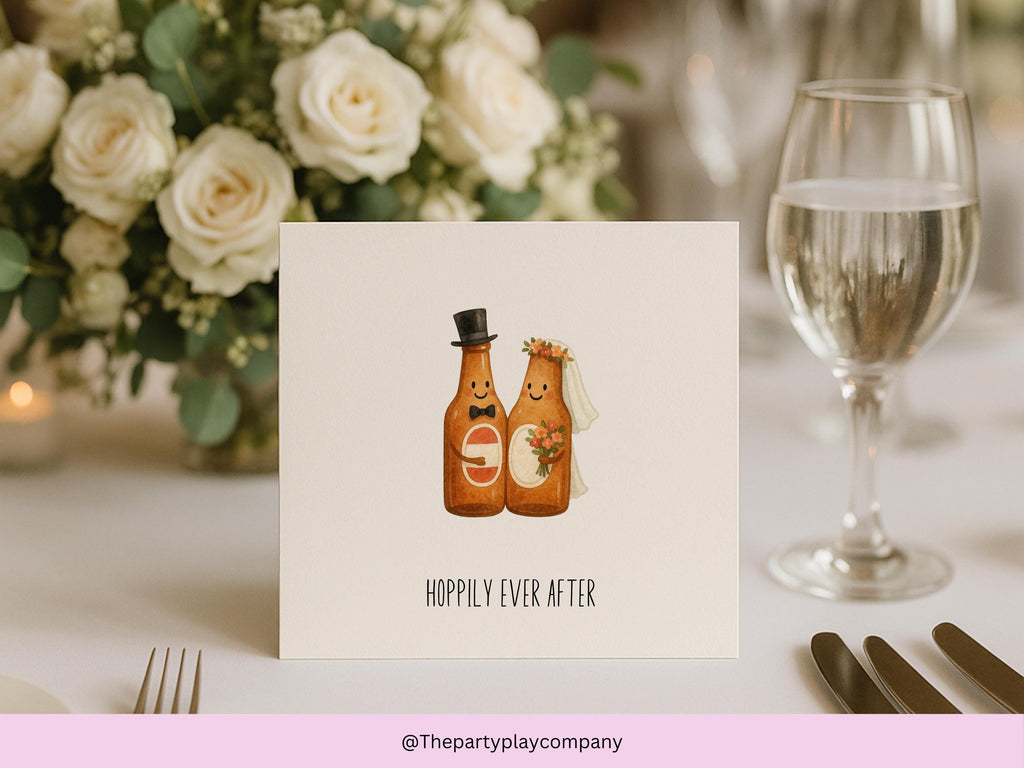 Funny Wedding Card: Hoppily Ever After Beer Bottle Bride & Groom