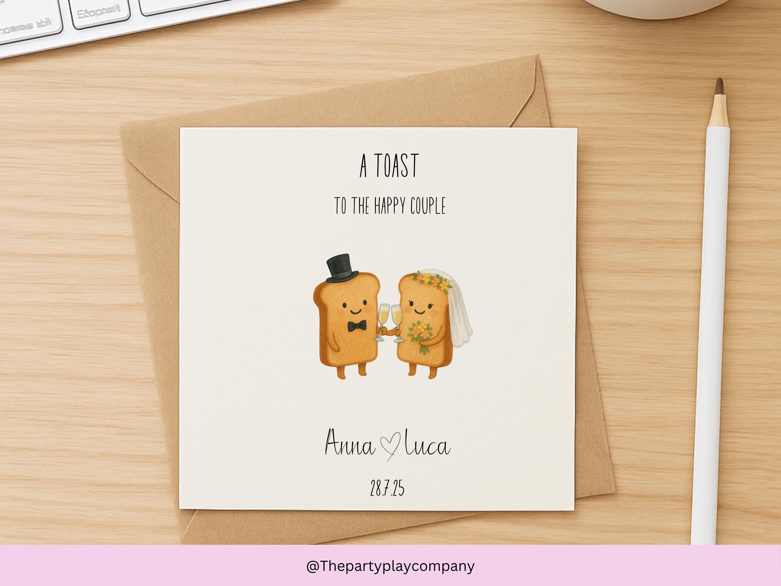 A Toast to the Happy Couple – Funny Personalised Wedding Card with Names & Date – Cute Bride and Groom Toast Pun
