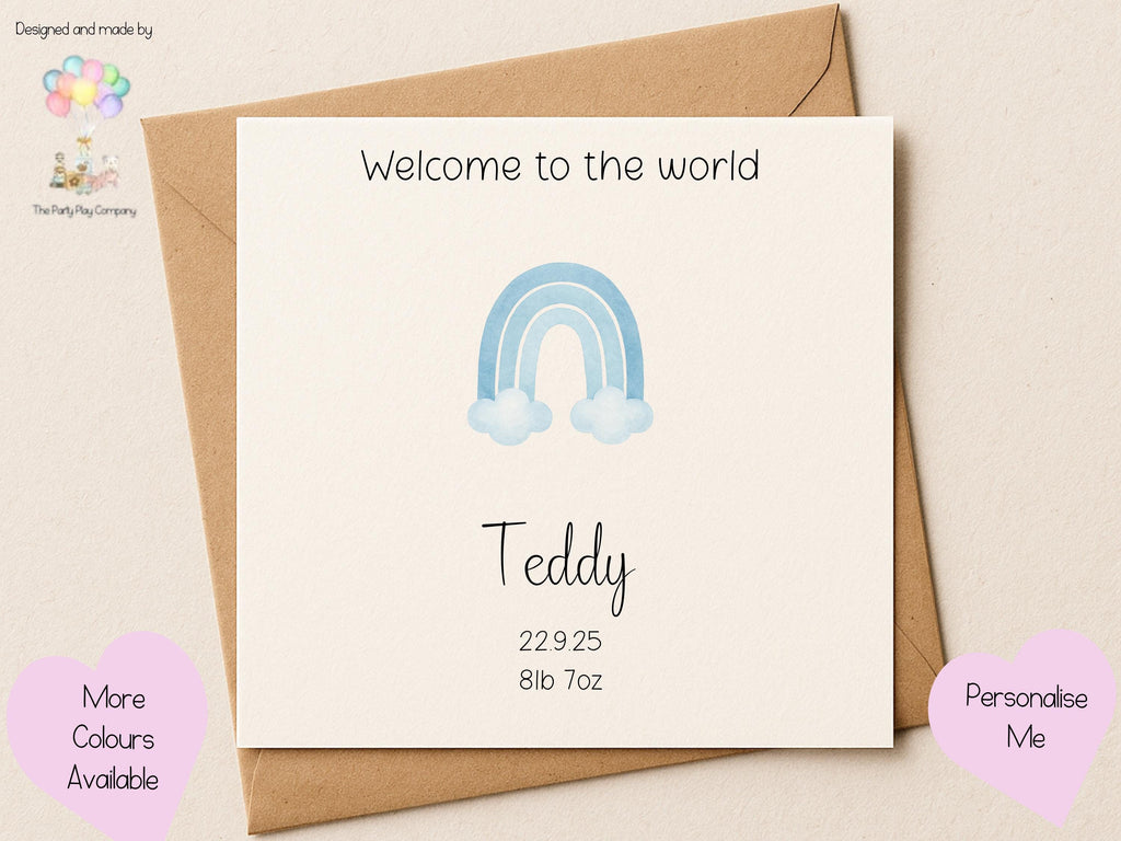 Personalized Baby Boy Card: Blue Watercolor Rainbow, Custom Birth Stats