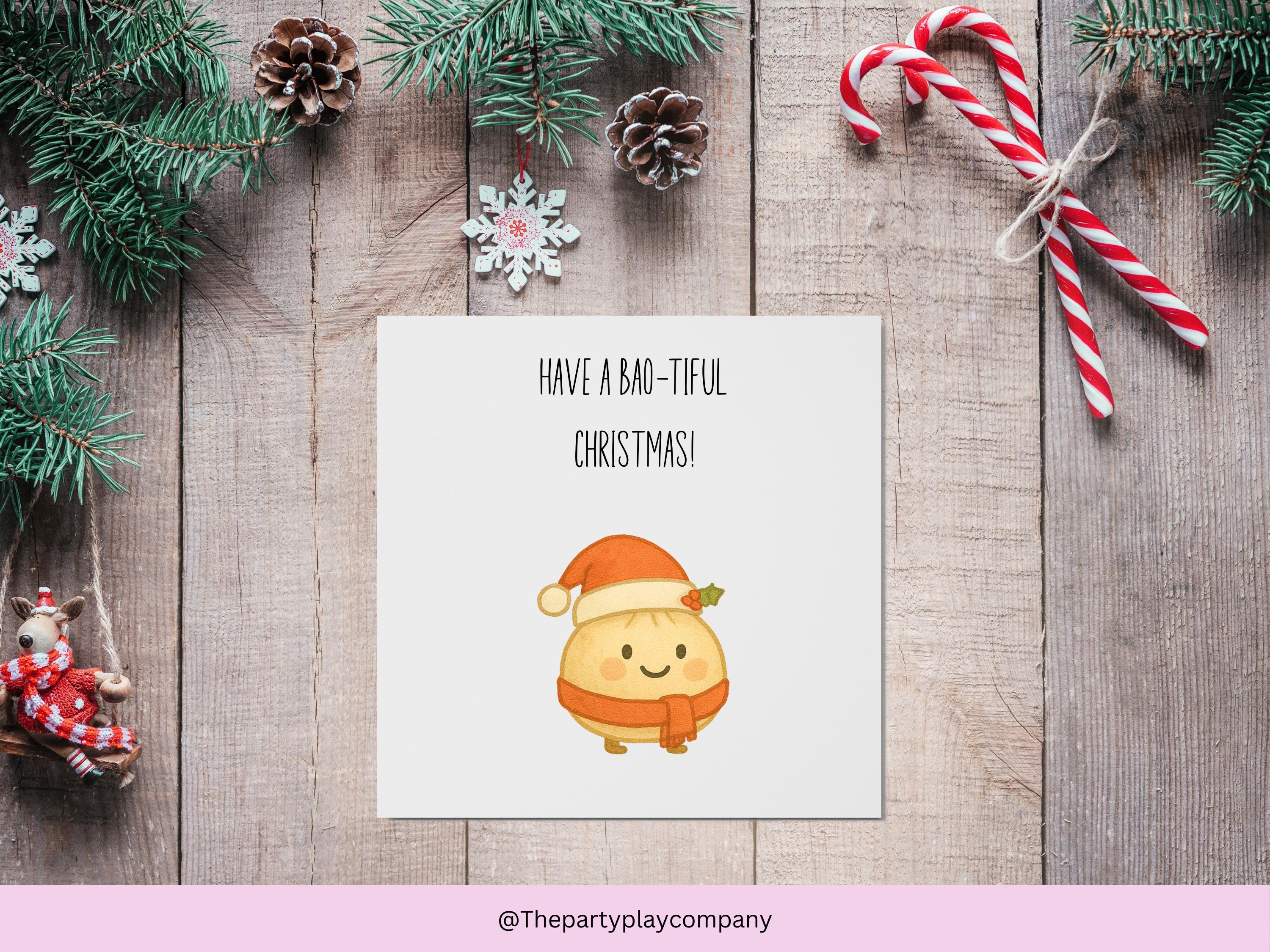 Funny Christmas Card | Cute Bao Pun Xmas Card | Quirky Foodie Holiday Card | Have A Bao-tiful Christmas | 4 for 10 Pound Offer