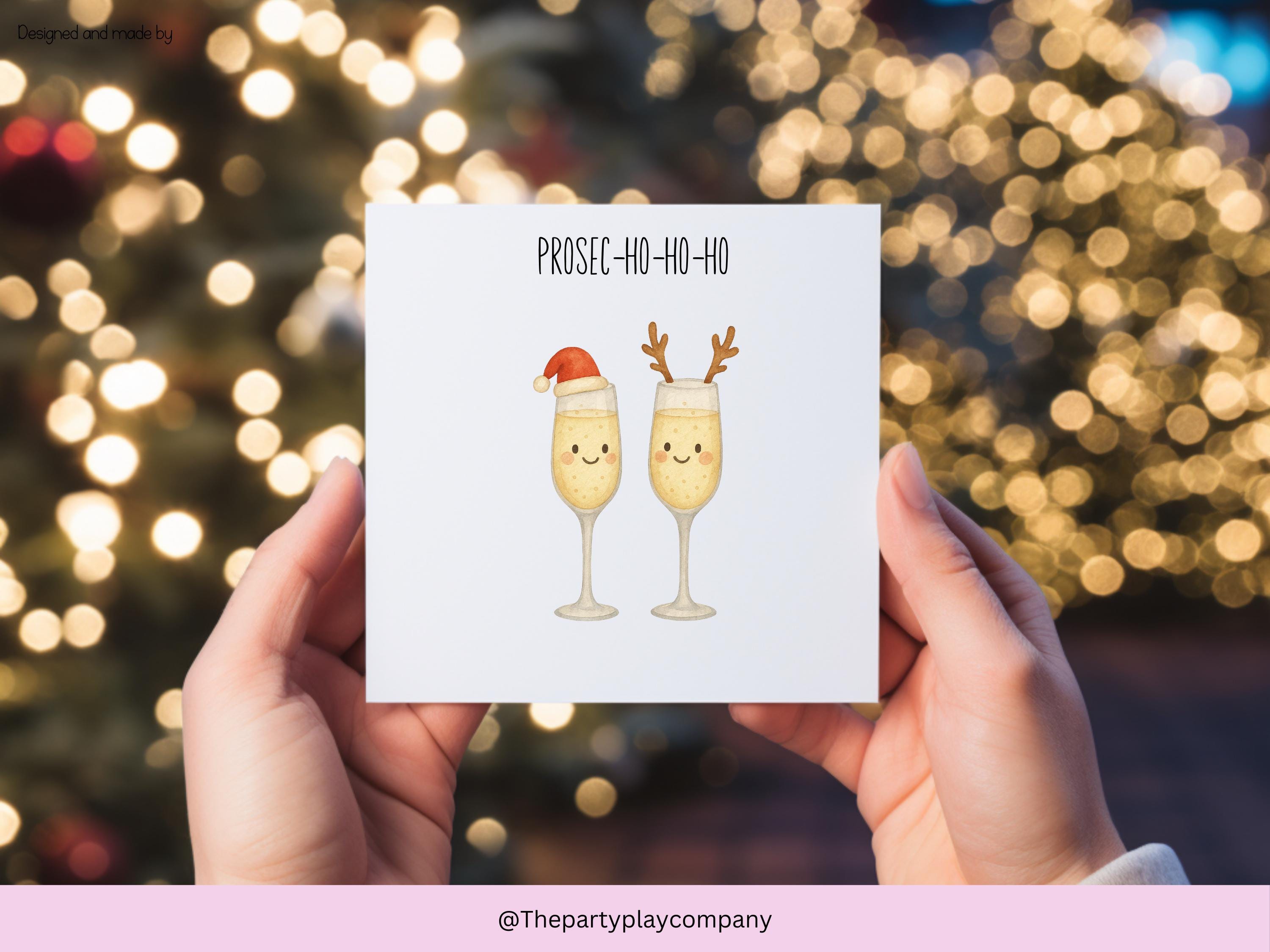 Funny Christmas Card | Prosecco Pun Xmas Card | Prosec-ho-ho-ho Festive Drinks Card | Quirky Holiday Greeting | 4 for 10 Pound Offer