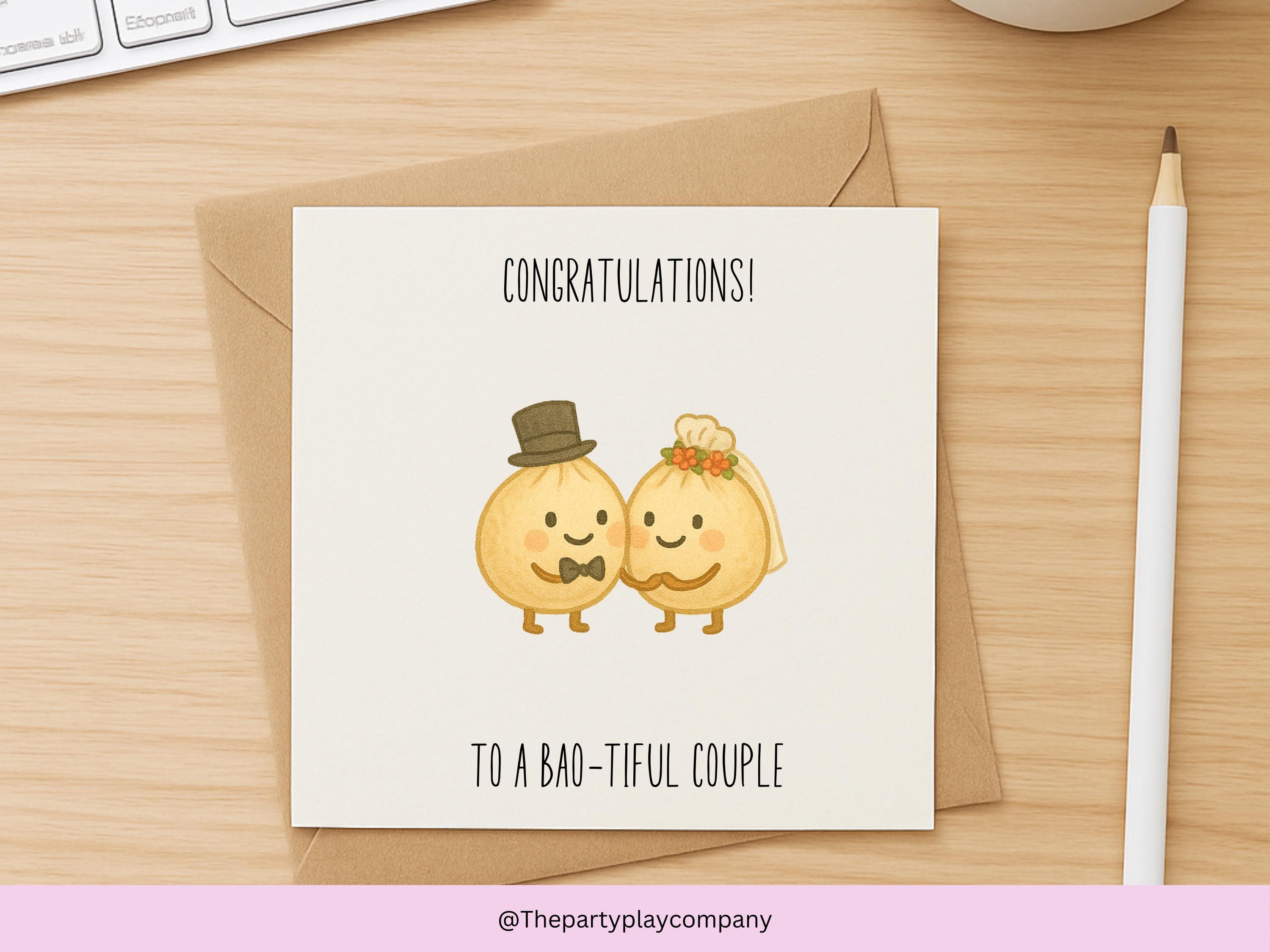 Funny Wedding Card | Cute Bao Pun Congratulations Card | To A Bao-tiful Couple | Quirky Newlyweds Card | 4 for 10 Pound Offer