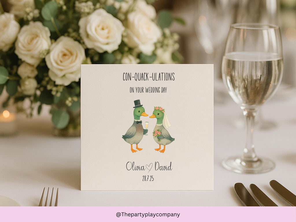 Personalized Duck Wedding Card: "Con-Quack-ulations" Animal Pun