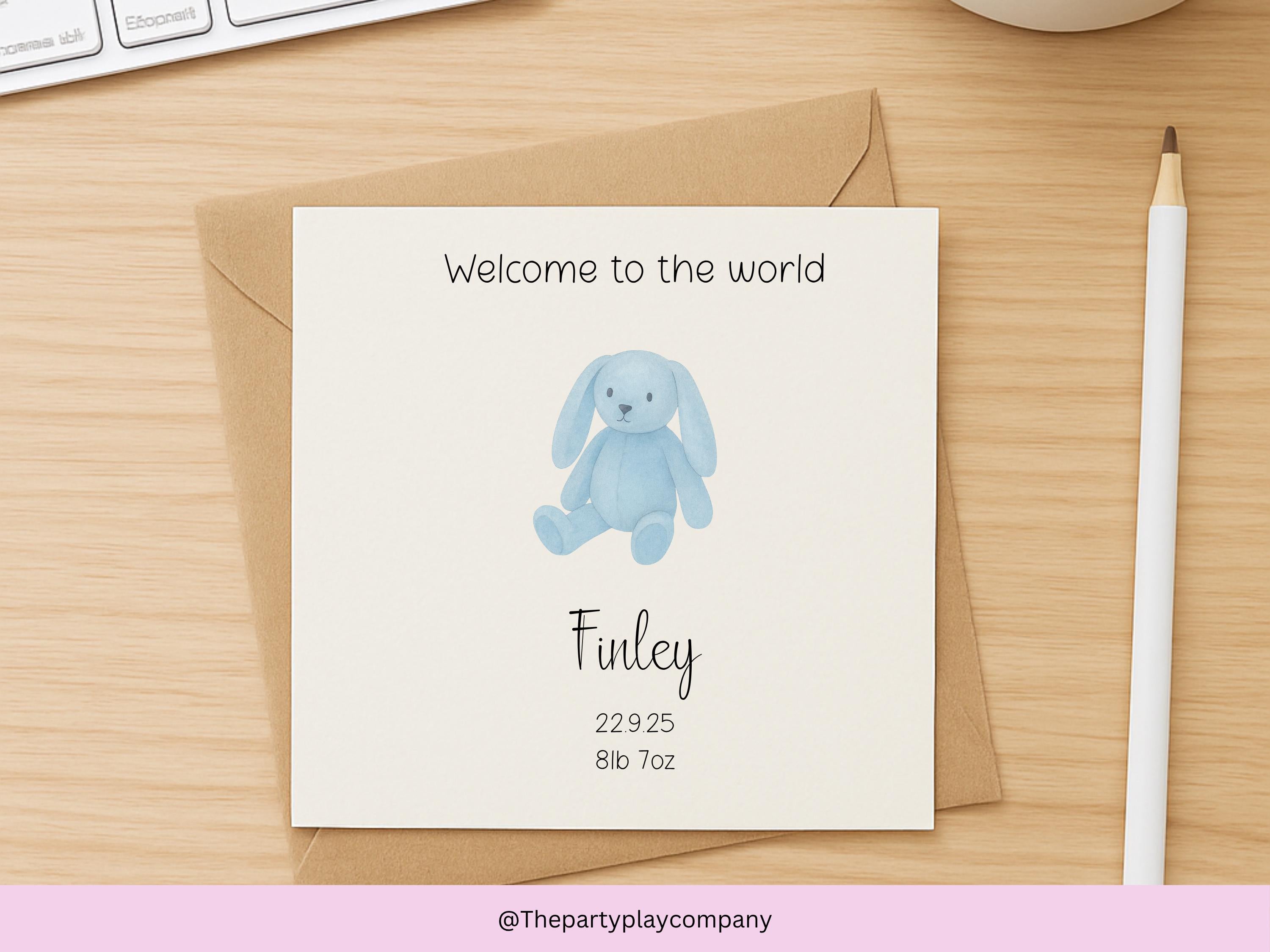Personalized Blue Bunny New Baby Card: Custom Birth Stats, Handmade