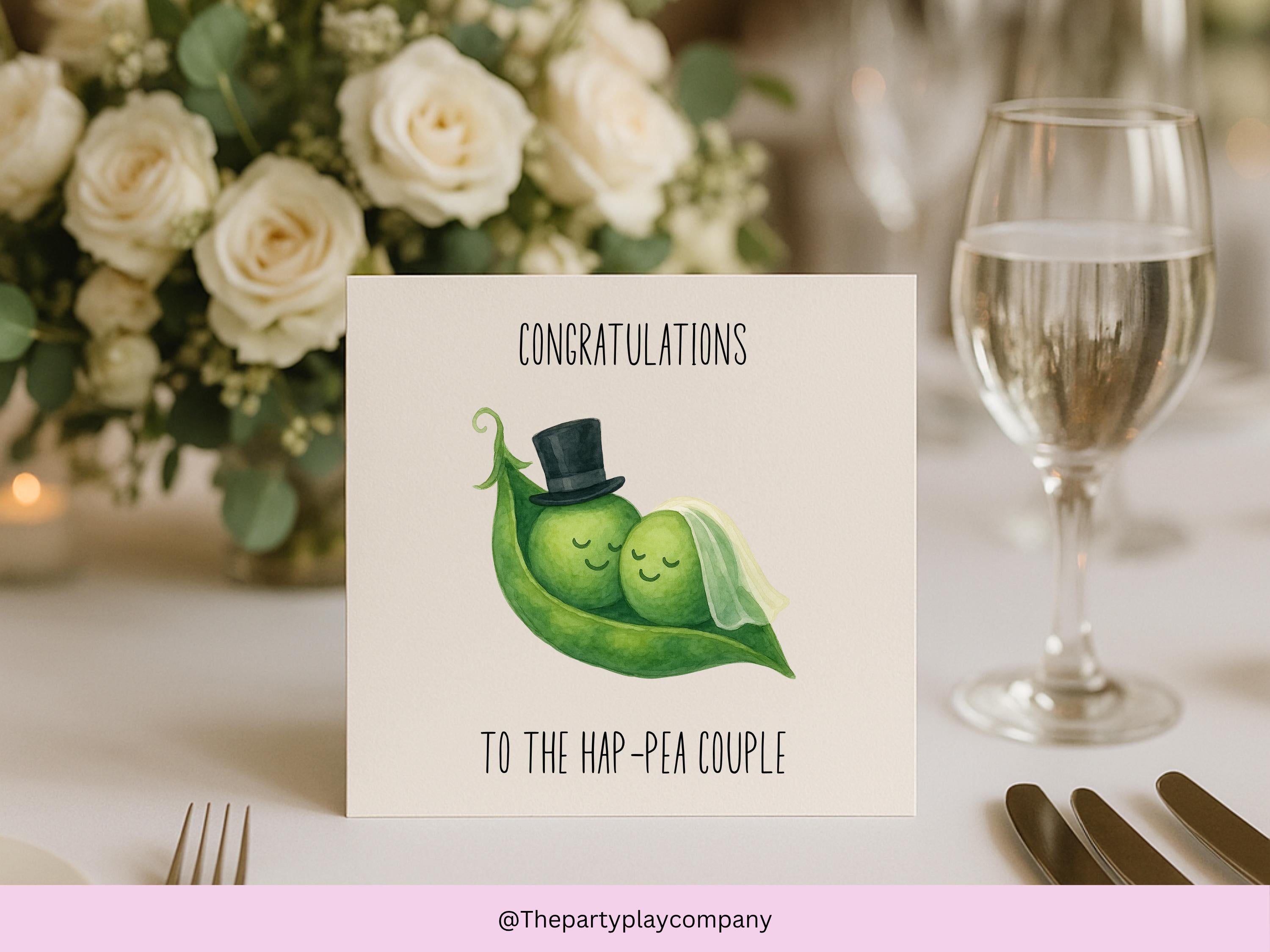 Pea Wedding Card – “Hap-Pea Couple” – Cute Wedding Congratulations Card – Bride and Groom Peas