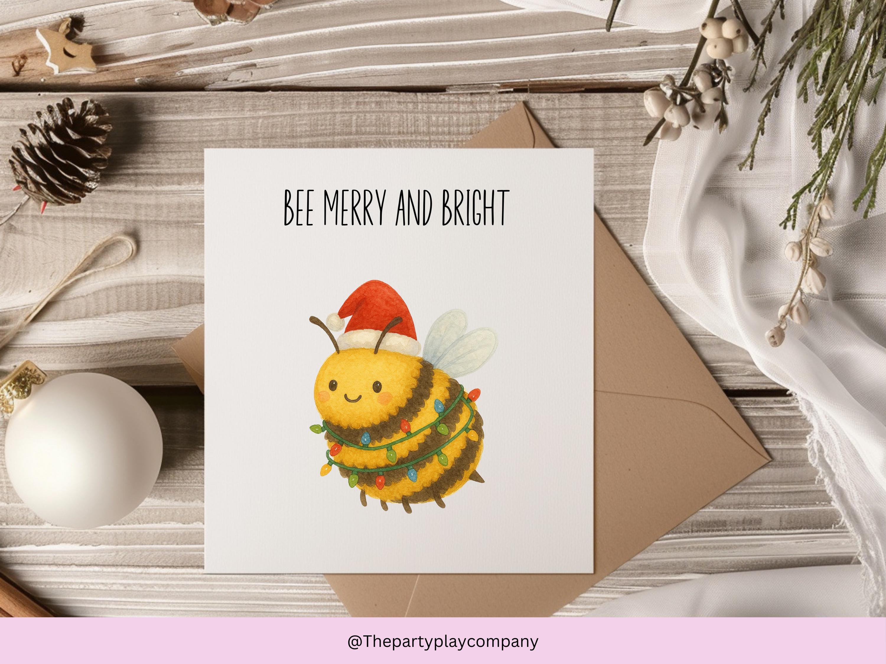 Bee Merry and Bright Christmas Card – Cute Bee Pun Christmas Card, Funny Festive Greeting for Bee Lovers