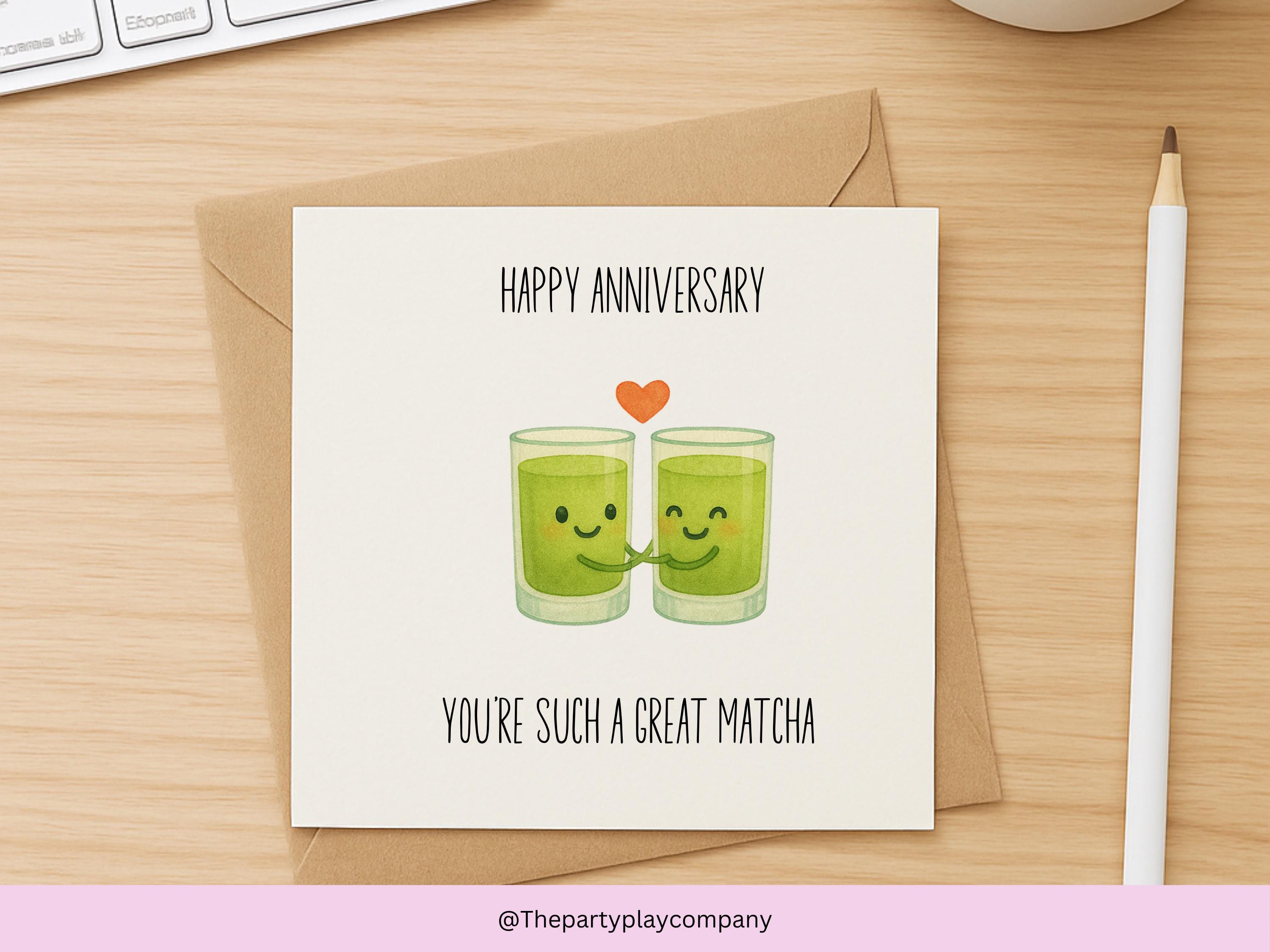 Cute Matcha Anniversary Card – You’re Such a Great Matcha, Funny Tea Pun Love Card, Kawaii Anniversary Card for Husband Wife Partner