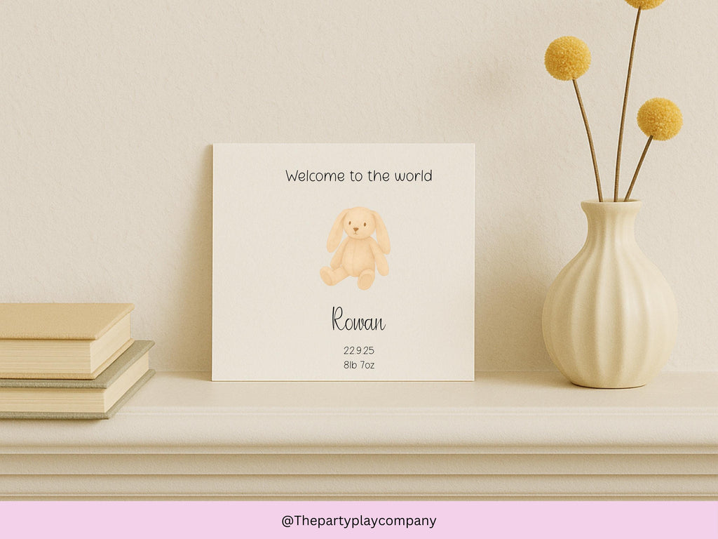 Personalized New Baby Card: Cream Watercolor Bunny, Custom Birth Stats