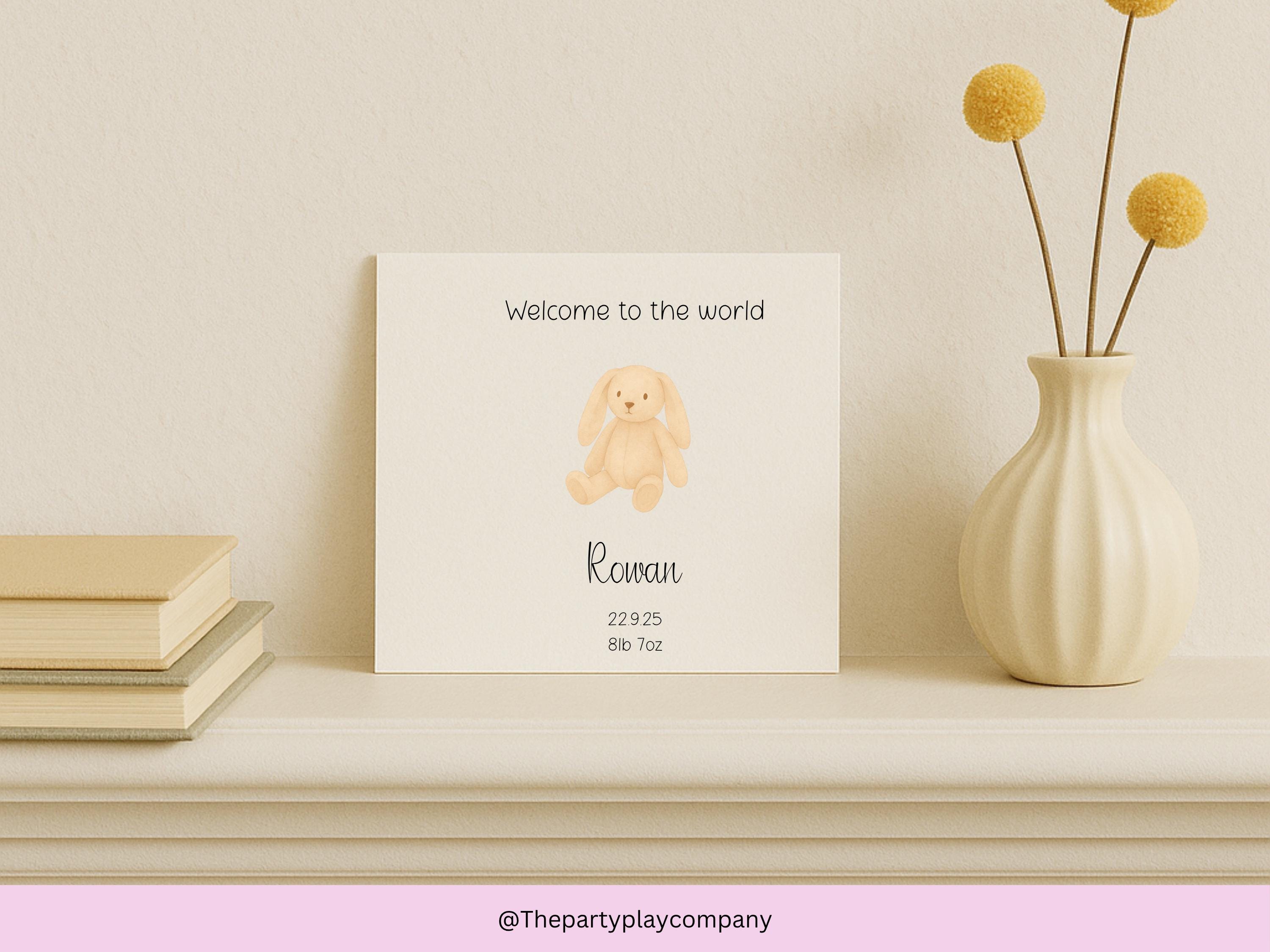 Personalized New Baby Card: Cream Watercolor Bunny, Custom Birth Stats