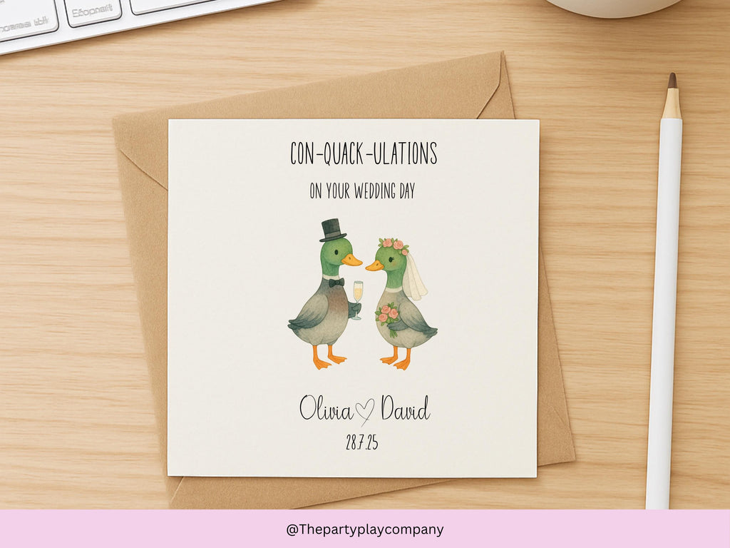 Personalized Duck Wedding Card: "Con-Quack-ulations" Animal Pun