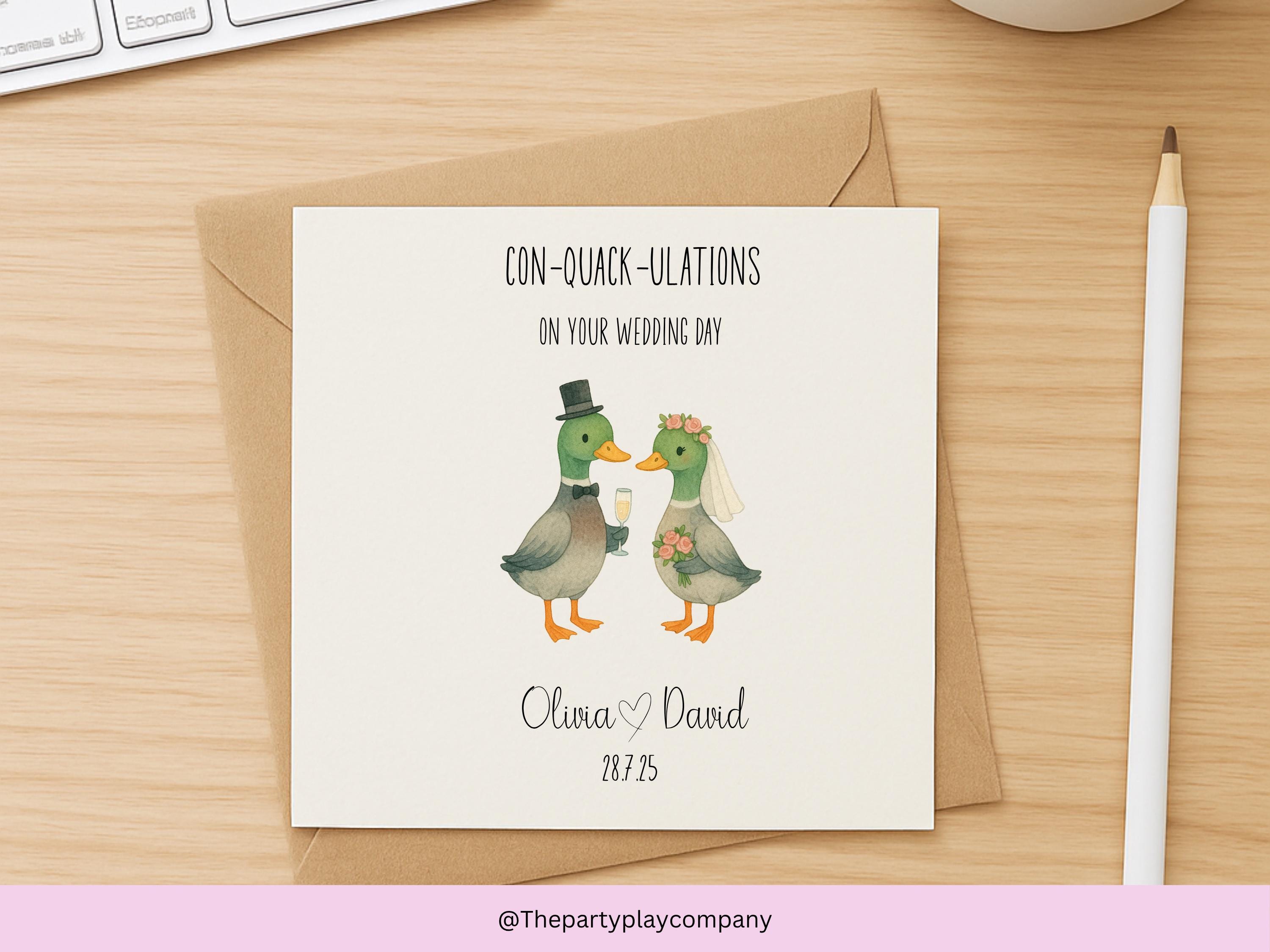 Personalized Duck Wedding Card: "Con-Quack-ulations" Animal Pun