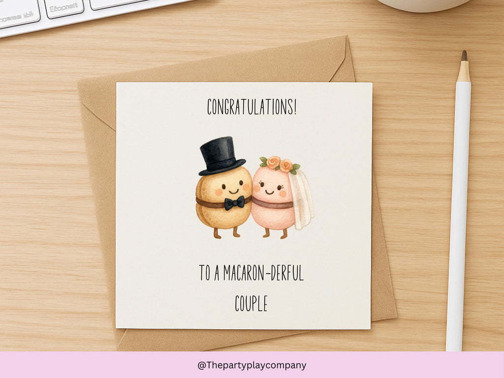 Funny Wedding Card | Macaron Pun Congratulations Card | To a Macaron-derful Couple Newlyweds Card |  Bride and Groom | 4 for 10 Pound Offer
