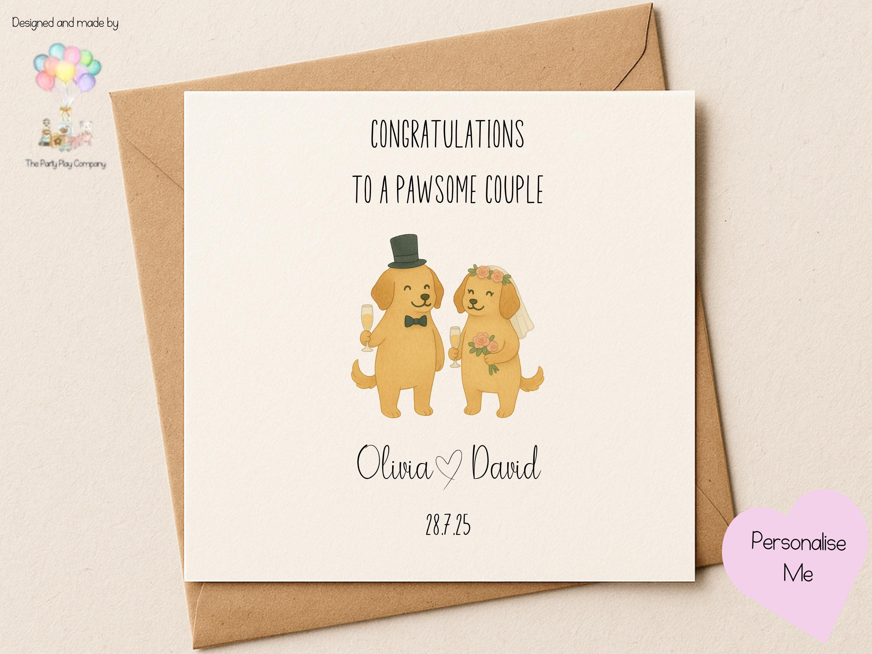 Dog Wedding Card: "Pawsome Couple" Golden Retrievers - Personalized