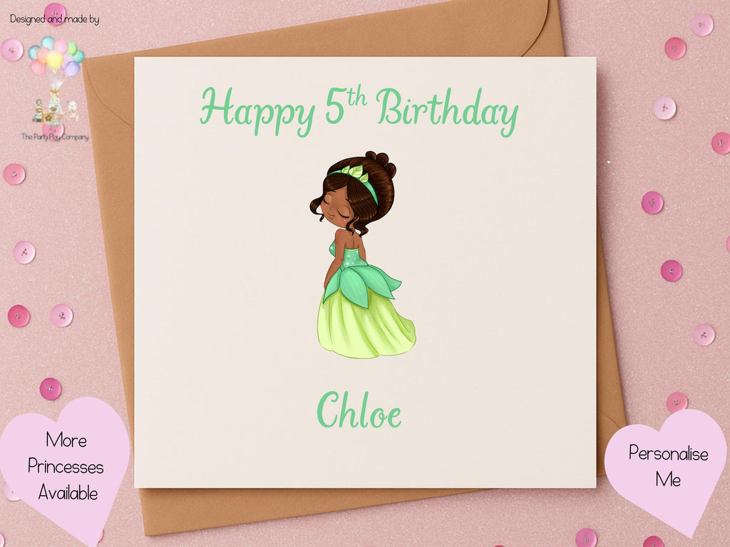 Personalised Green Princess Birthday Card – Custom Name & Age, 6x6 Girls Card, More Designs Available