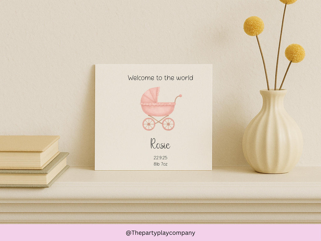Personalised New Baby Girl Card: Pink Pram Design, Handmade Keepsake