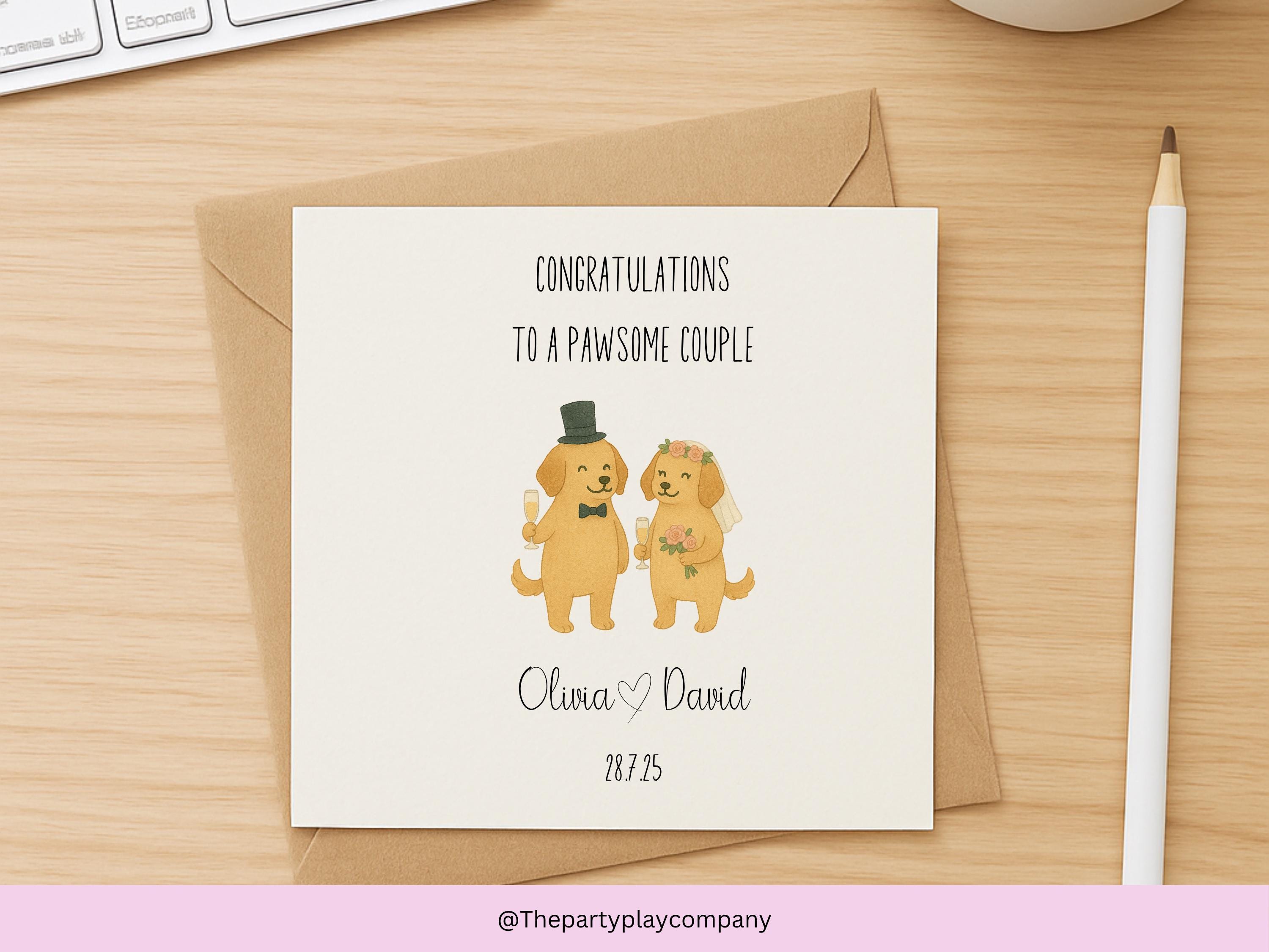 Dog Wedding Card: "Pawsome Couple" Golden Retrievers - Personalized