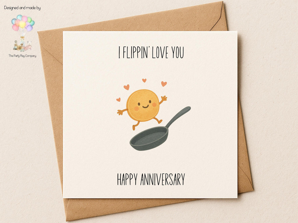 Funny Pancake Anniversary Card: I Flippin' Love You - Kawaii Food Pun