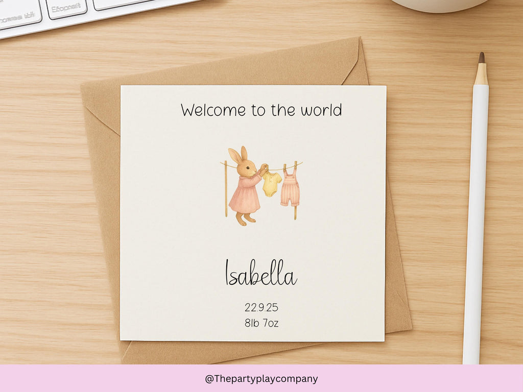 Personalised New Baby Girl Card: Bunny Clothesline Design, Handmade UK