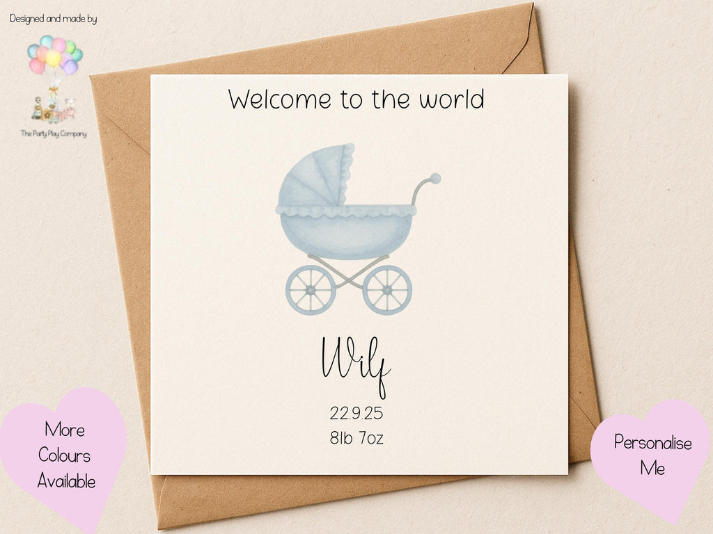 Personalized New Baby Boy Card: Blue Pram Design, Handmade Keepsake
