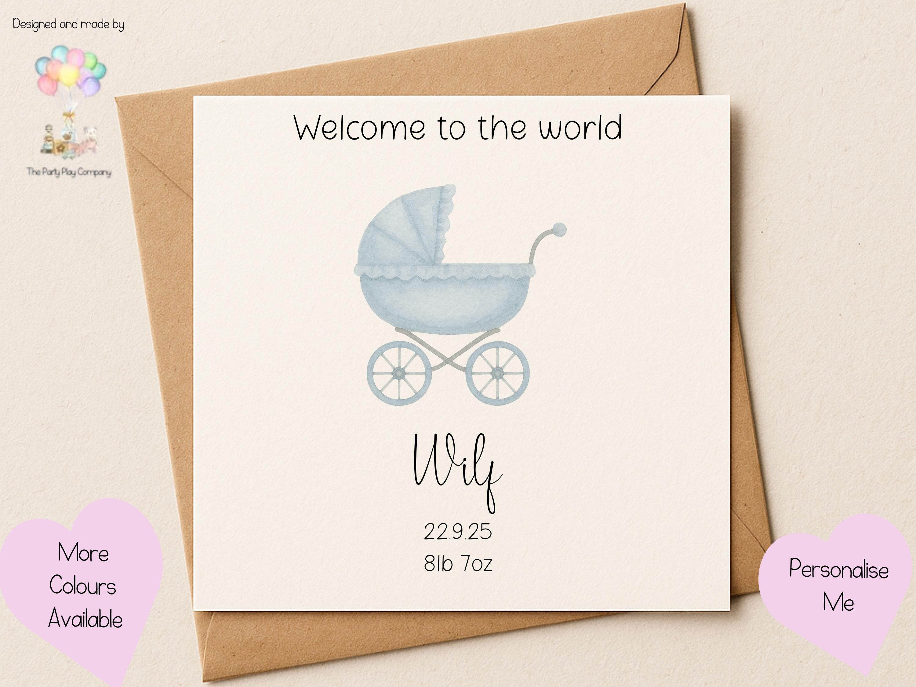Personalized New Baby Boy Card: Blue Pram Design, Handmade Keepsake