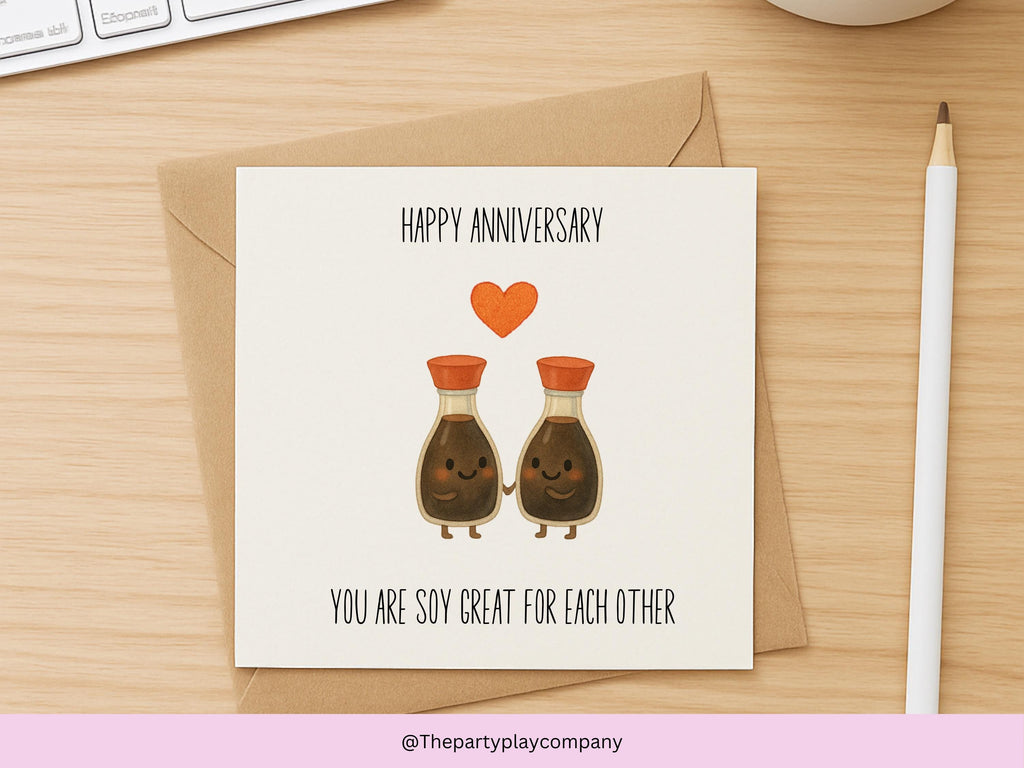 Cute Soy Sauce Anniversary Card – You Are Soy Great for Each Other, Funny Food Pun Love Card, Kawaii Anniversary Card for Couples