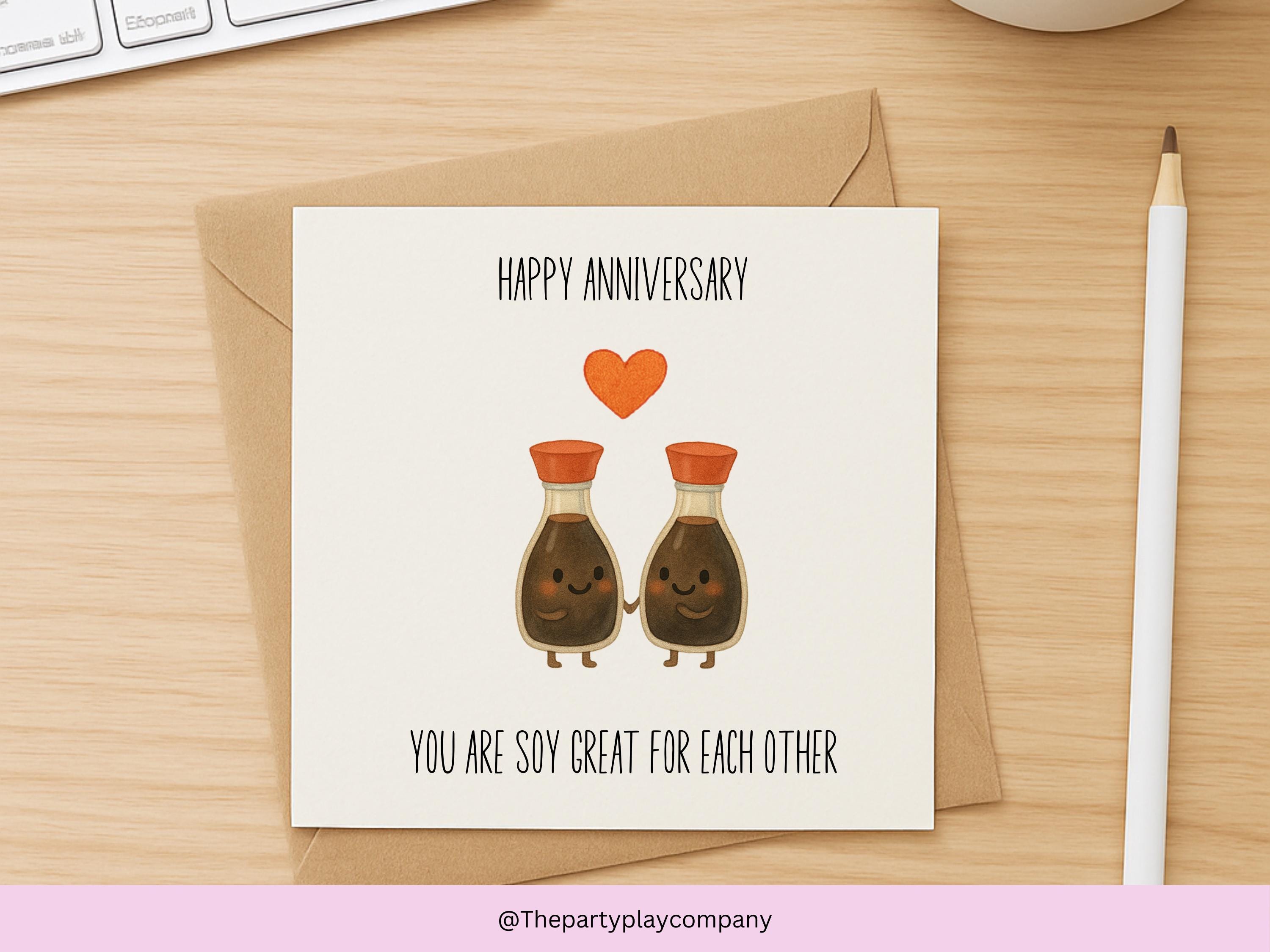 Cute Soy Sauce Anniversary Card – You Are Soy Great for Each Other, Funny Food Pun Love Card, Kawaii Anniversary Card for Couples