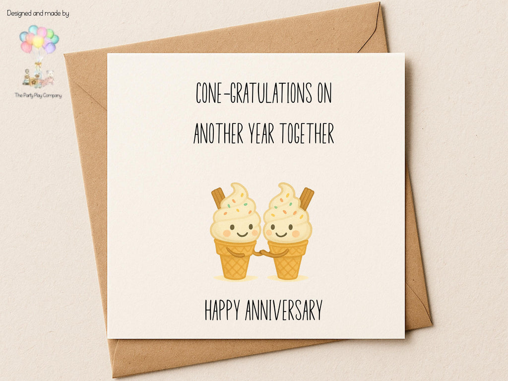Funny Ice Cream Anniversary Card: Kawaii Couple 'Cone-gratulations'
