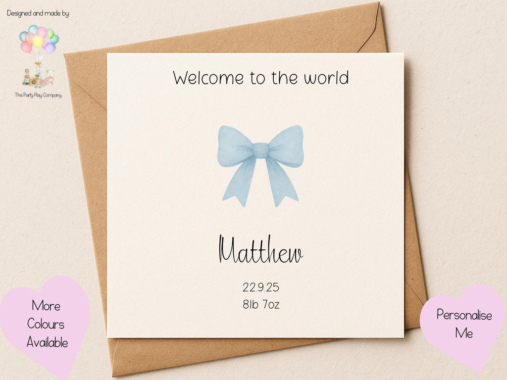 Personalized New Baby Boy Card: Blue Bow, Handmade UK