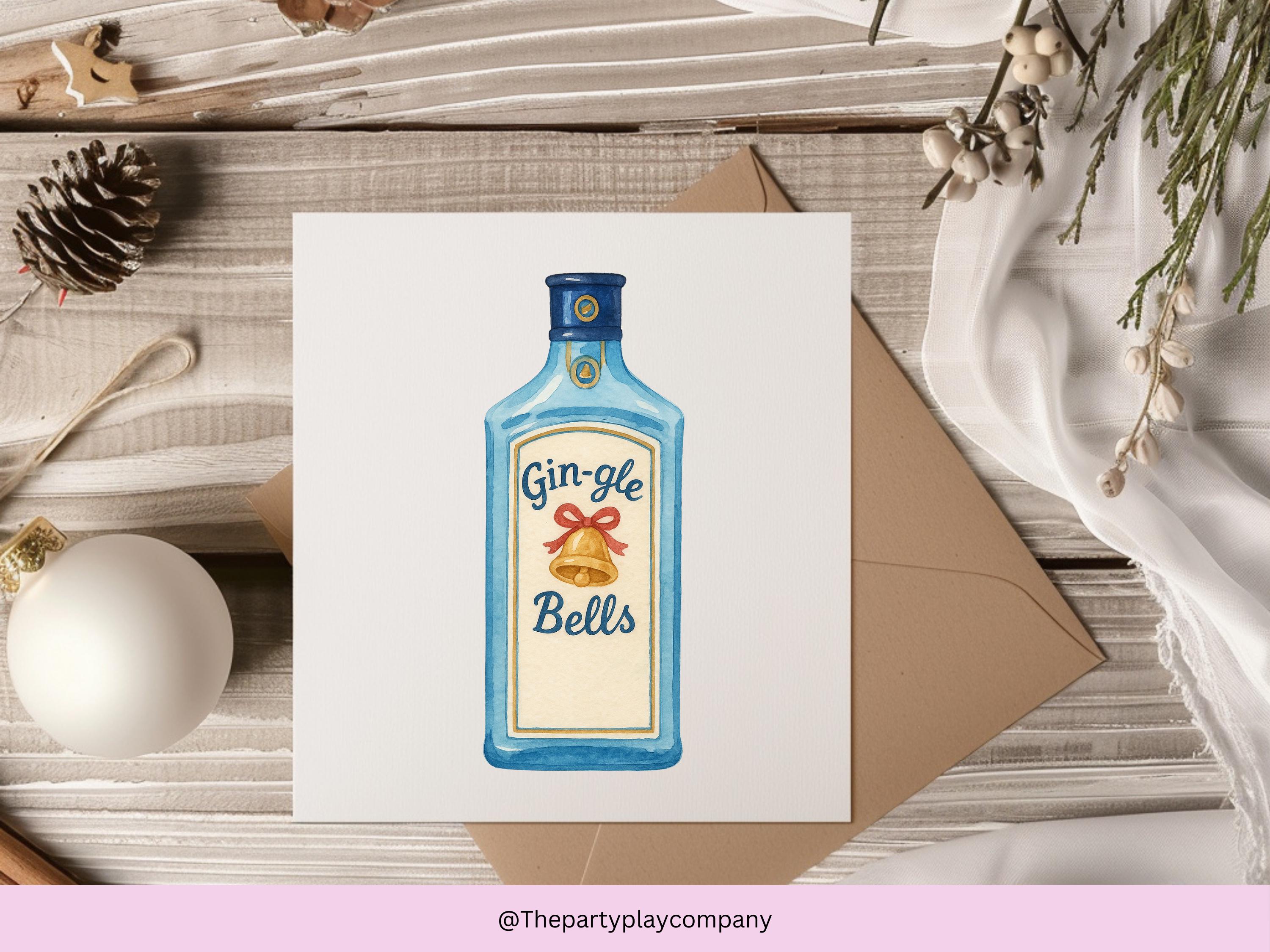 Funny Christmas Card | Gin Pun Xmas Card | Quirky Festive Drinks Card | Gin-gle Bells Holiday Greeting | 4 for 10 Pound Offer