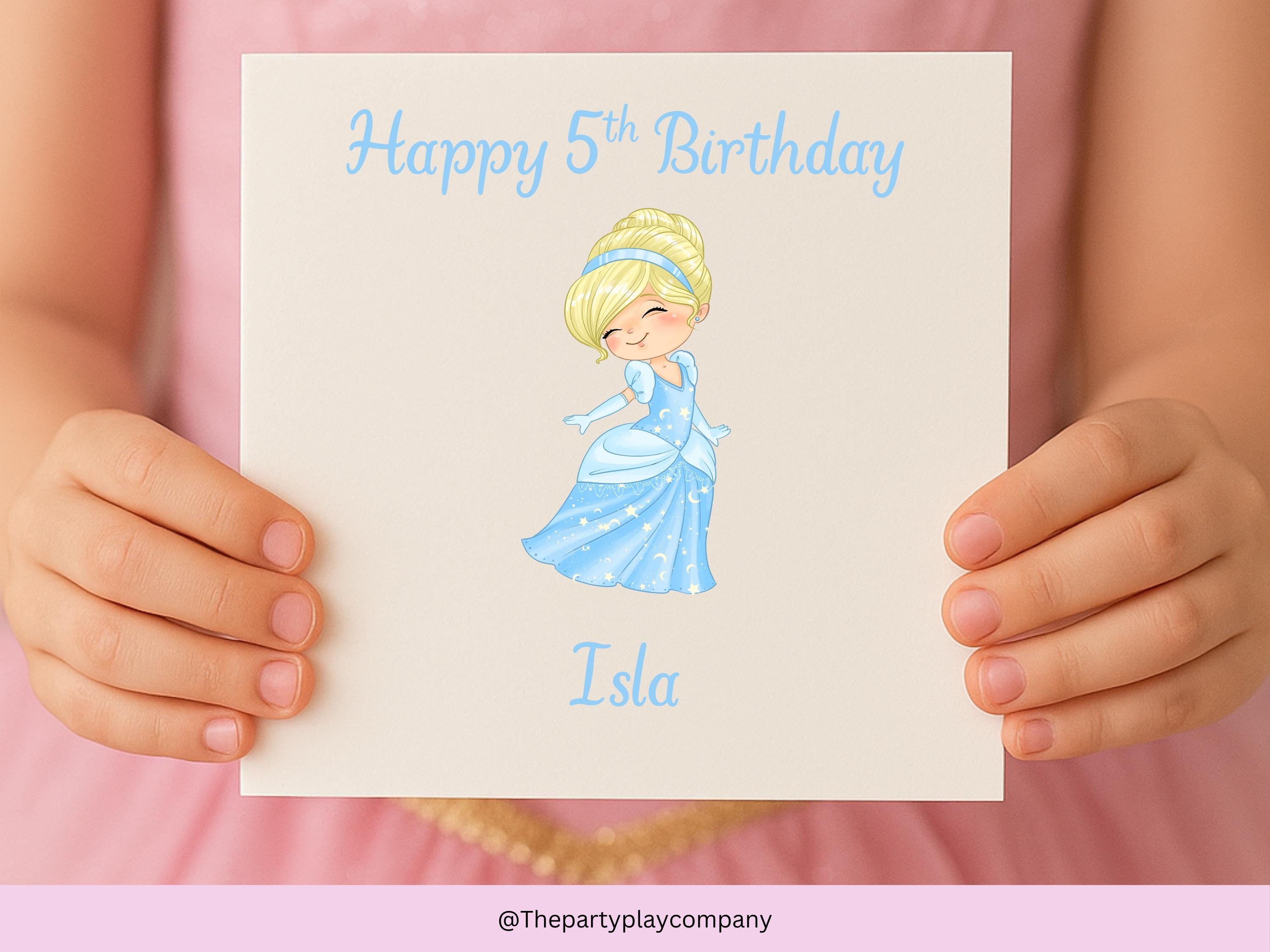 Personalized Princess Birthday Card: Blue Gown, Custom Name & Age