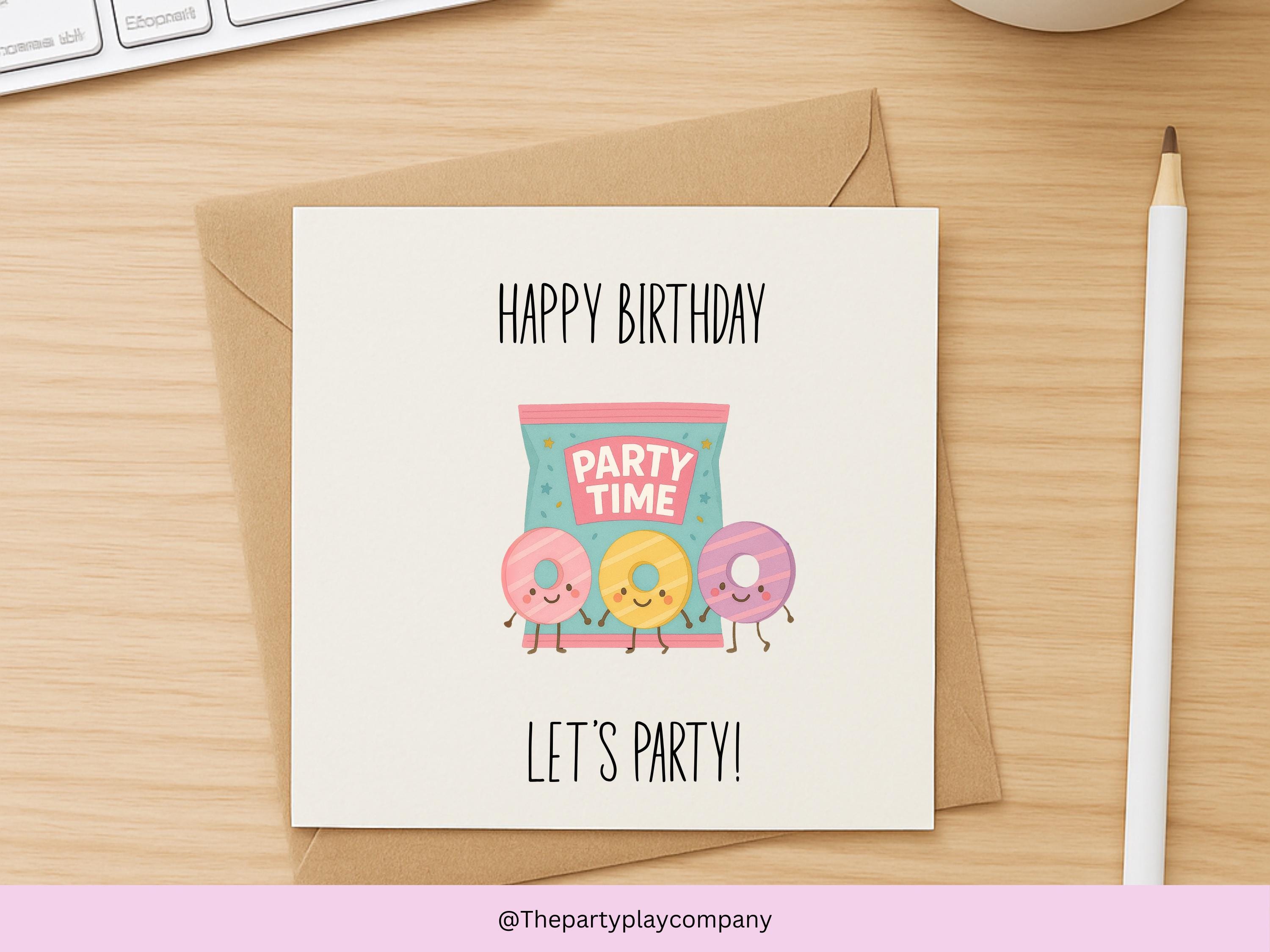 Party Rings Birthday Card – Cute Funny Biscuit Pun Greeting – Let’s Party – Colourful 6x6" Card with Envelope