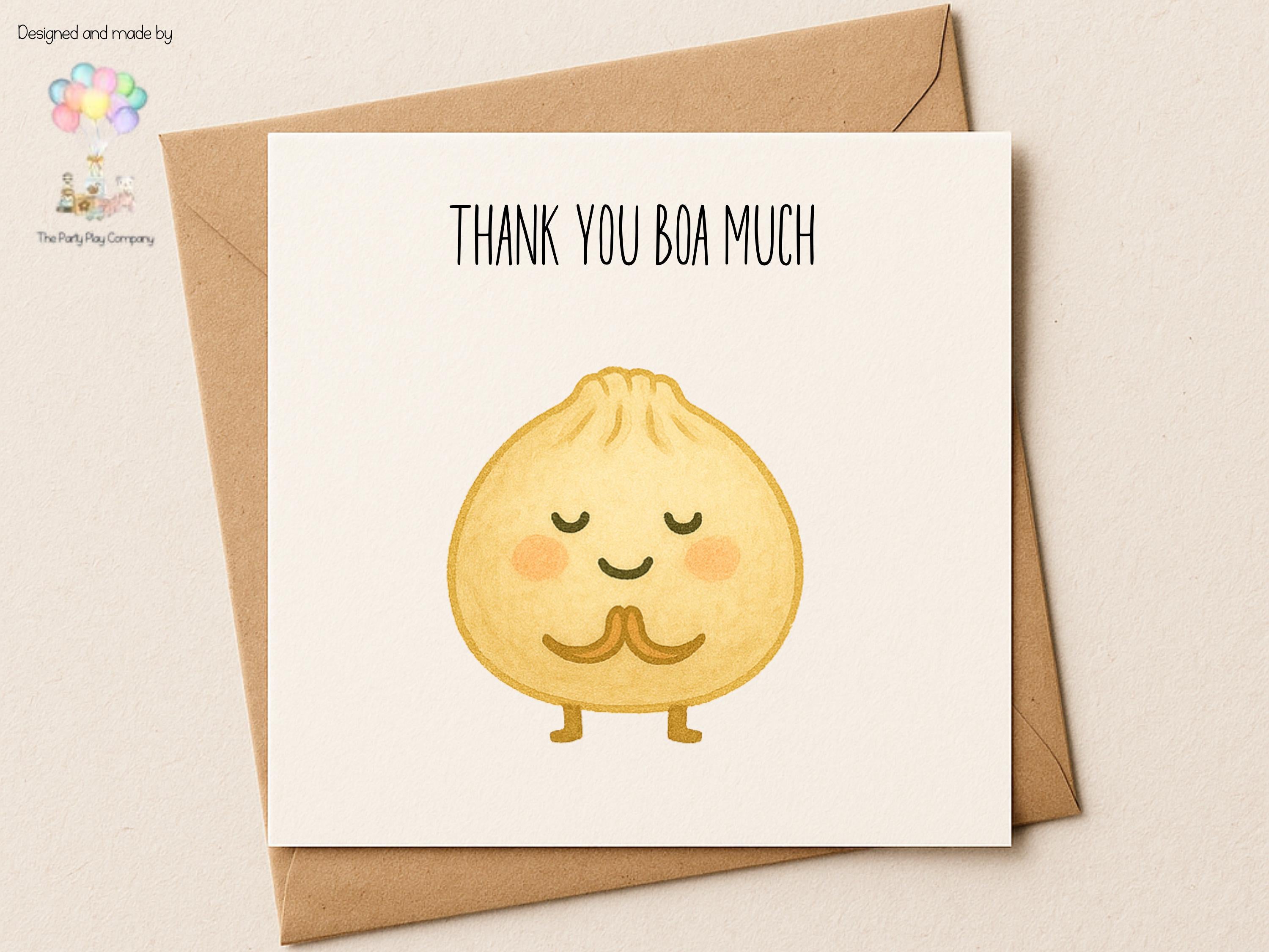Cute Thank You Card | Bao Dumpling Pun | Thank You Boa Much | Funny Food Pun Card for Friends Family Teacher