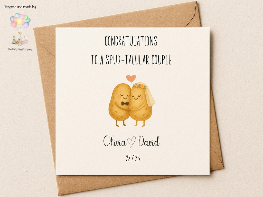 Personalised Wedding Card | Cute Potato Couple Pun "To a Spud-tacular Couple" | Custom Names & Date | Funny Engagement Anniversary Card