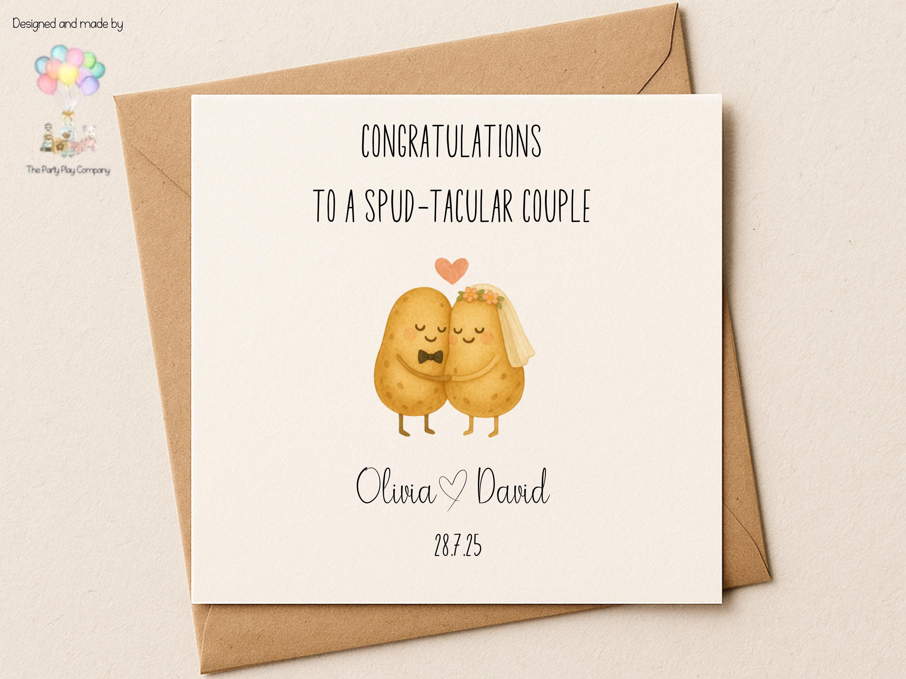 Personalised Wedding Card | Cute Potato Couple Pun "To a Spud-tacular Couple" | Custom Names & Date | Funny Engagement Anniversary Card