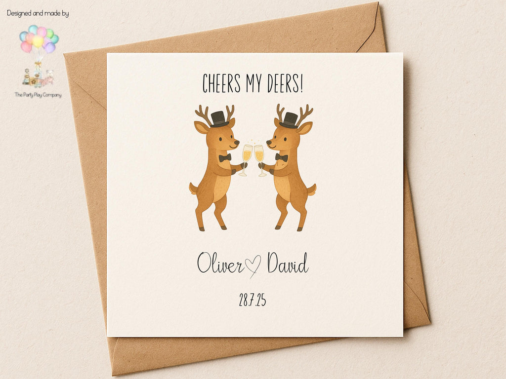 Funny Gay Wedding Card: Cheers My Deers Pun, Personalized LGBTQ+ Anniversary