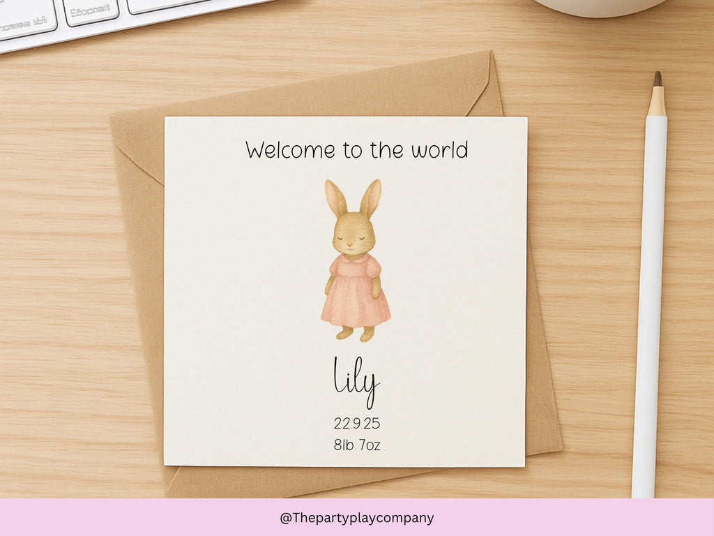 Personalized New Baby Girl Card: Pink Bunny, Name & Birthdate - Handmade Keepsake