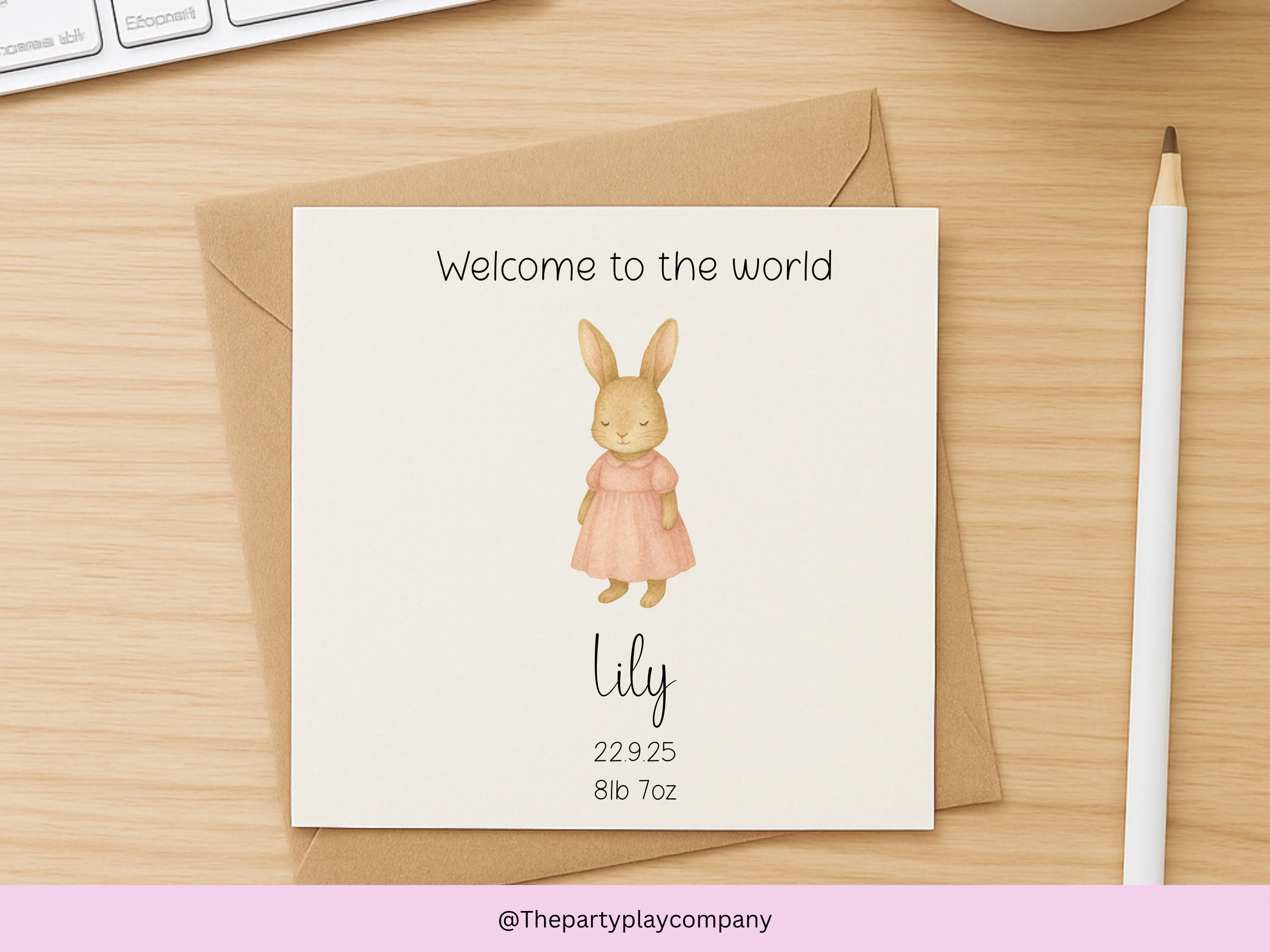 Personalized New Baby Girl Card: Pink Bunny, Name & Birthdate - Handmade Keepsake