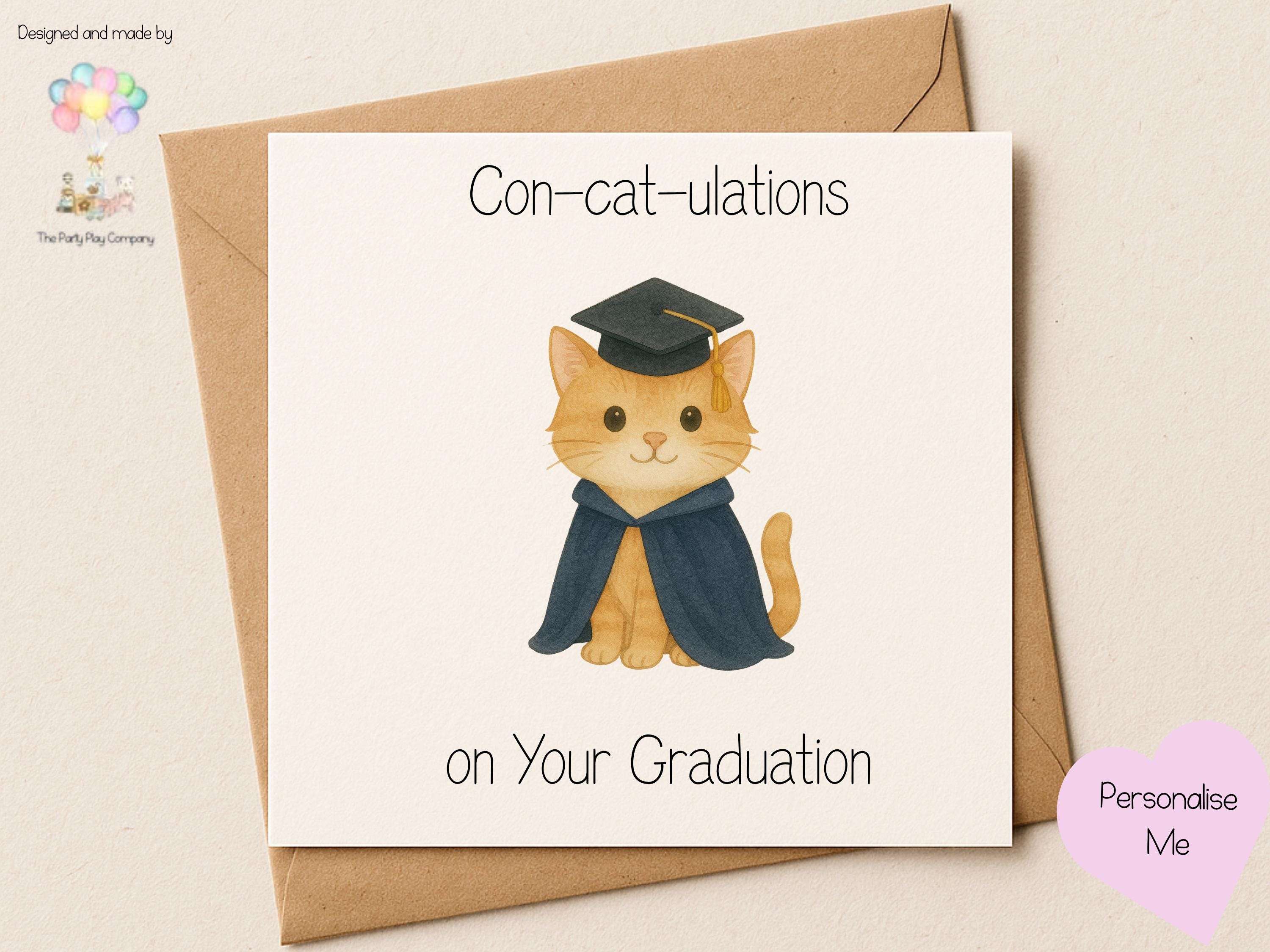 Funny Cat Graduation Card: Con-Cat-ulations Pun, Personalised Gift