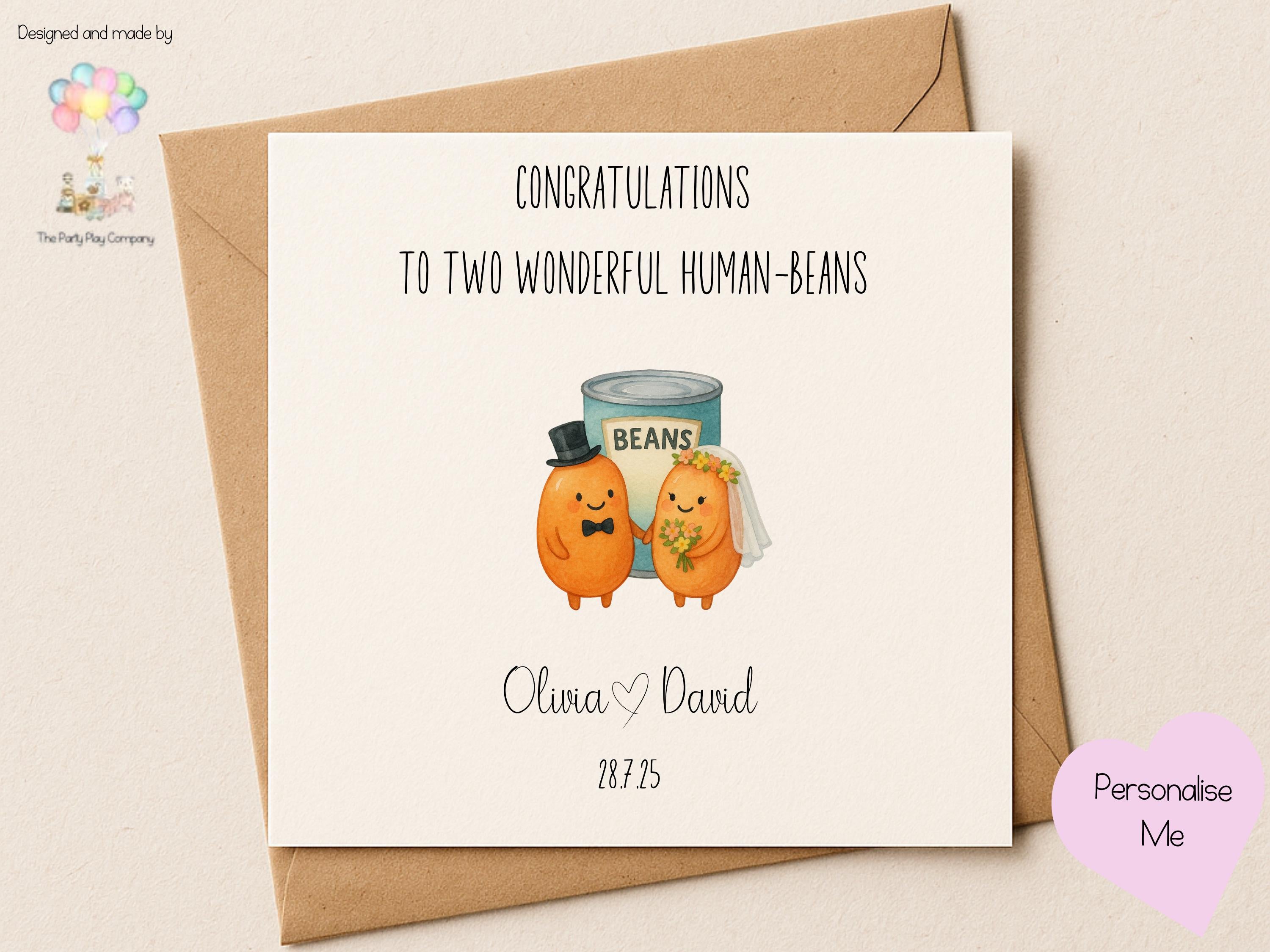 Funny Wedding Card – "Two Wonderful Human-Beans" – Personalised Bean Couple – Custom Names & Date – Cute Pun Card for Newlyweds
