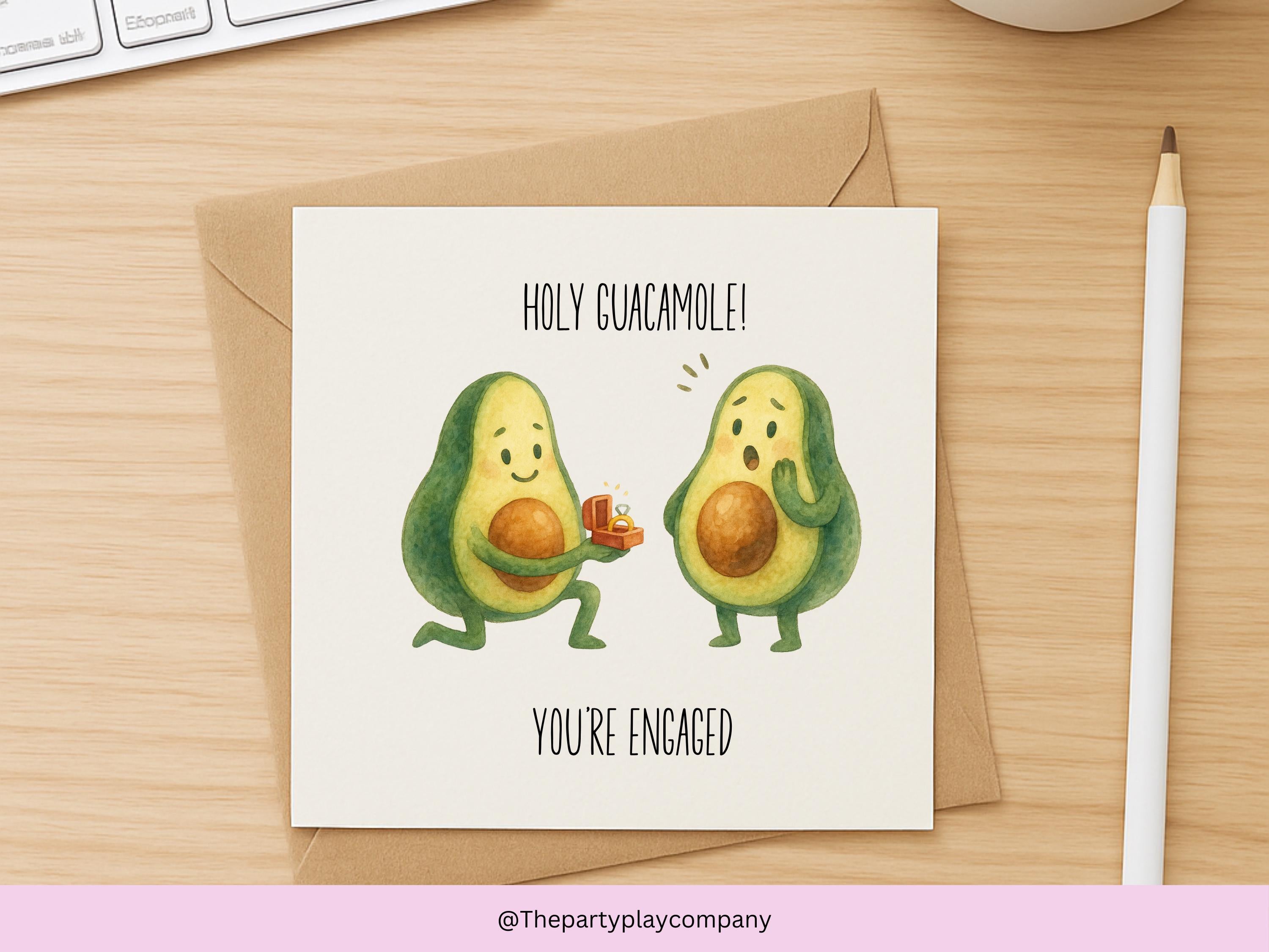 Funny Avocado Engagement Card: Holy Guacamole Pun Greeting