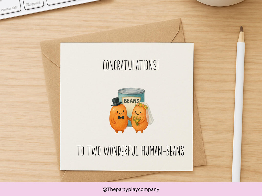 Funny Wedding Card for Couple – Human Beans Pun – Cute Illustrated Bride and Groom – Engagement, Anniversary or Newlywed Card