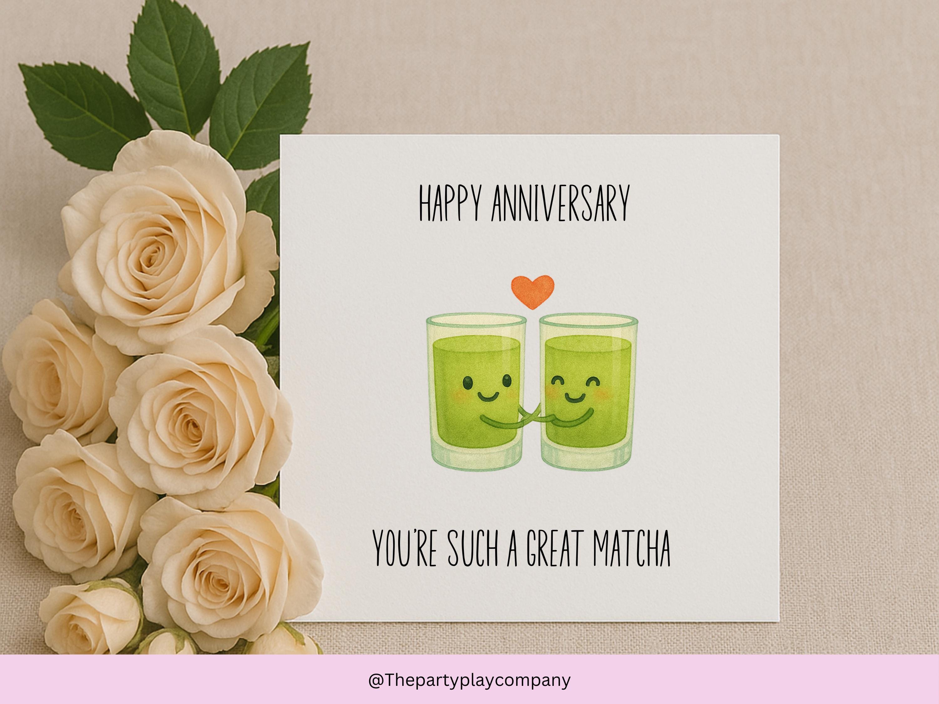 Cute Matcha Anniversary Card – You’re Such a Great Matcha, Funny Tea Pun Love Card, Kawaii Anniversary Card for Husband Wife Partner