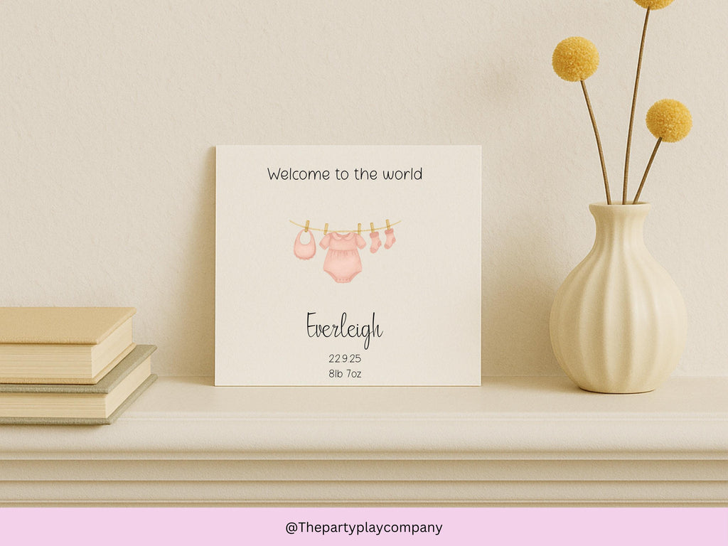 Personalized New Baby Girl Card: Pink Clothesline Design, Handmade Keepsake