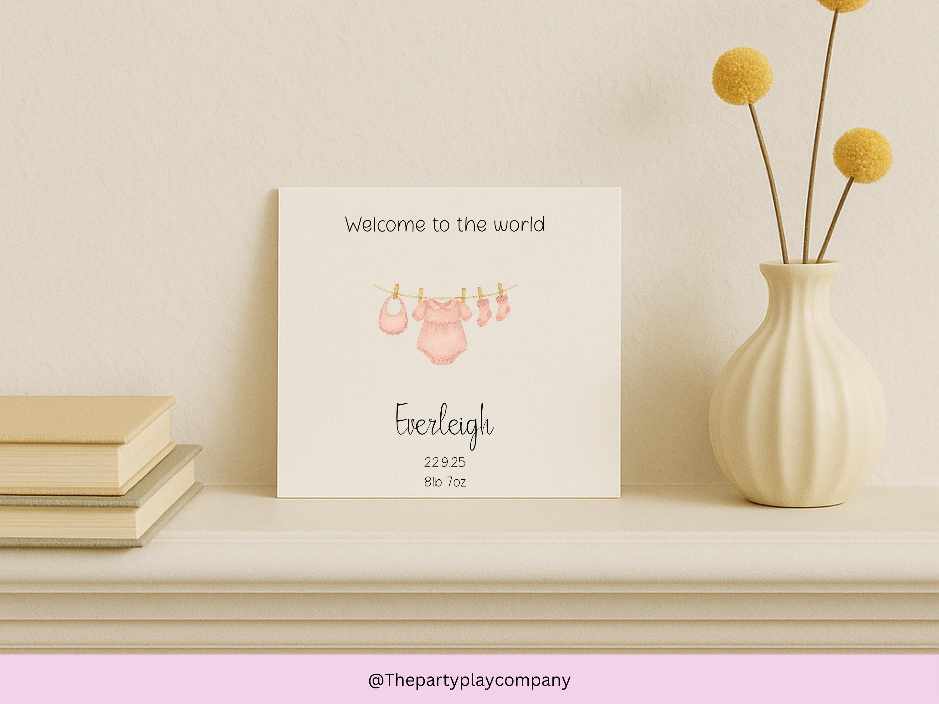 Personalized New Baby Girl Card: Pink Clothesline Design, Handmade Keepsake